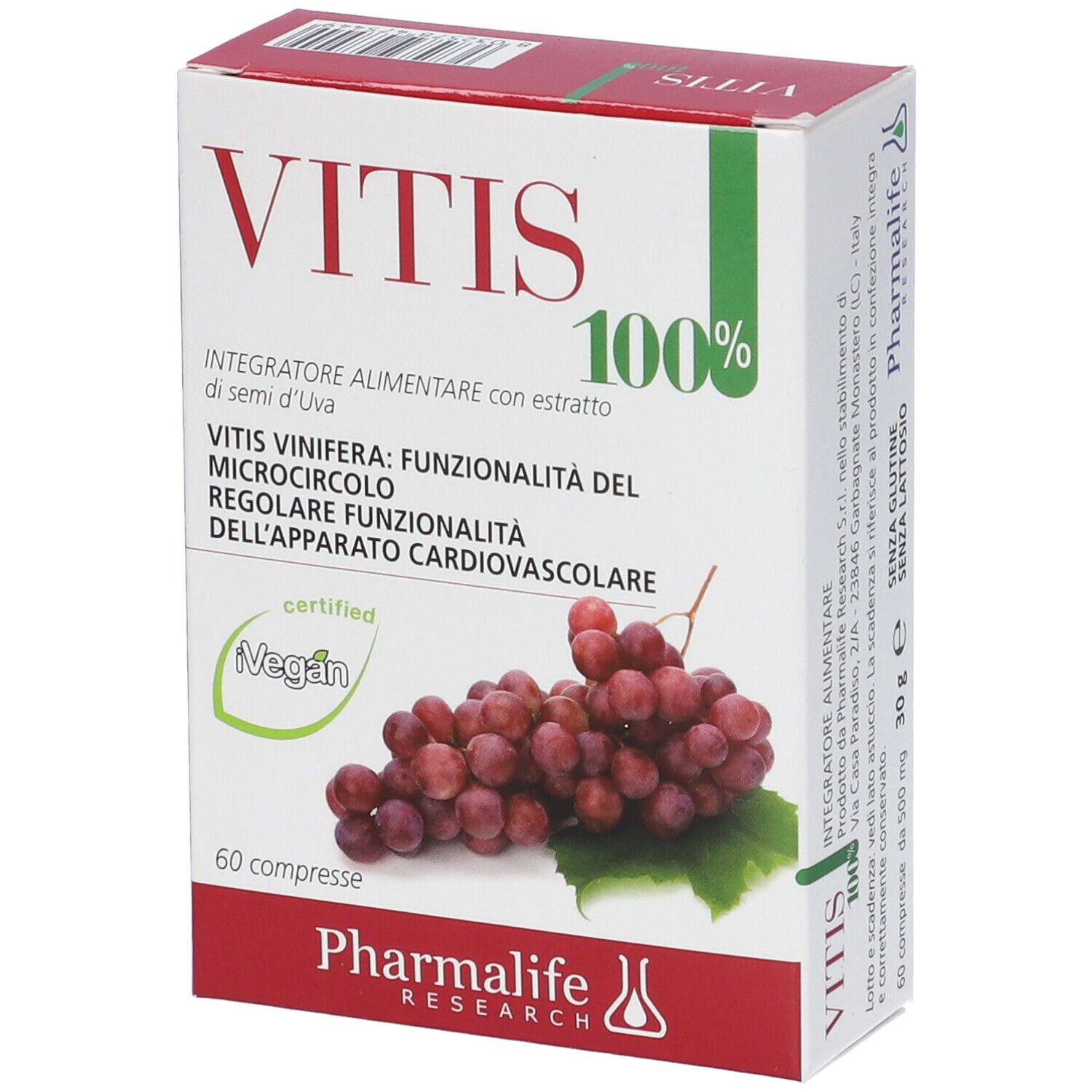 Scatola "Vitis 100%". Immagine di uva. Testo: "Integratore alimentare".
