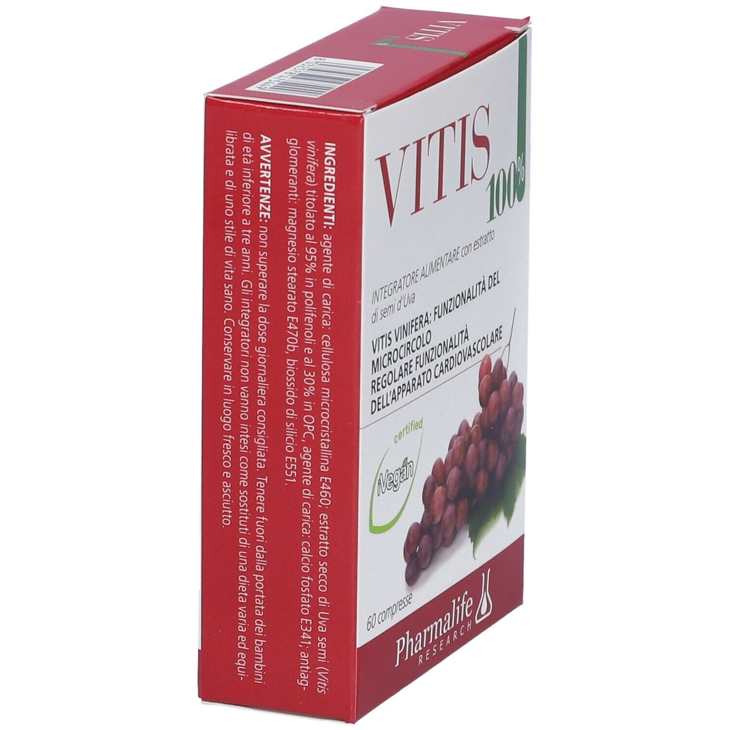 Scatola "Vitis 100%". Testo: "Integratore alimentare". Immagine di uva.
