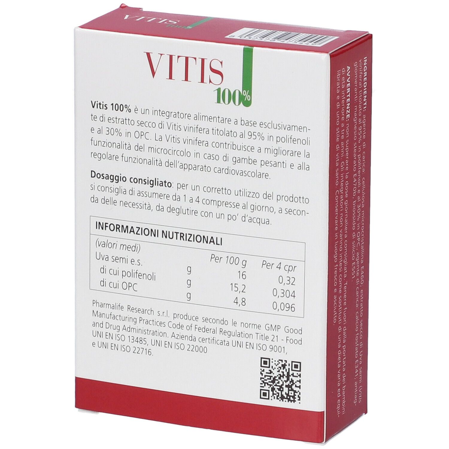 Retro della scatola "Vitis 100%". Testo: informazioni nutrizionali e ingredienti.