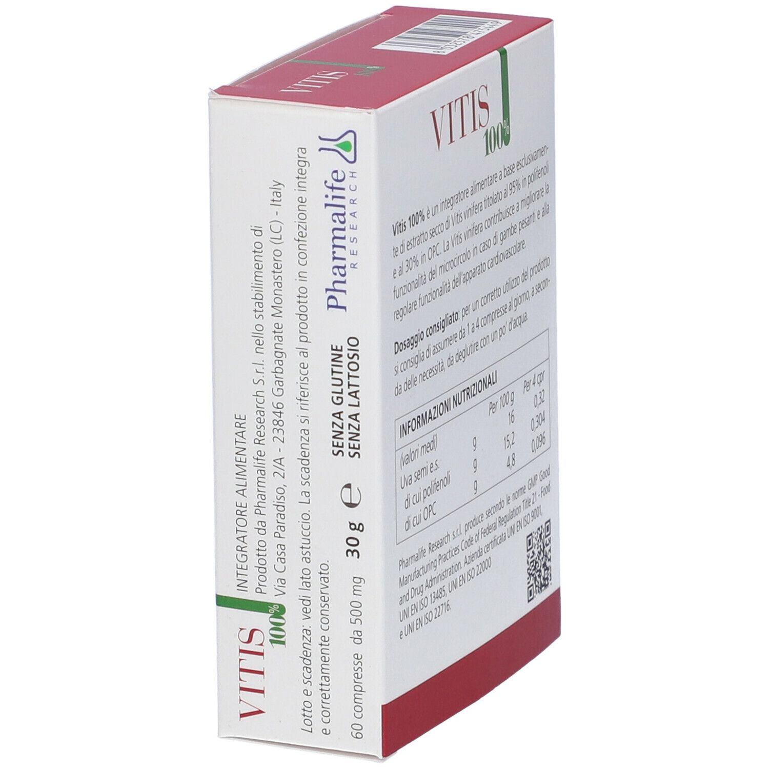 Lato della scatola "Vitis 100%". Testo: "Senza glutine" e "Senza lattosio".