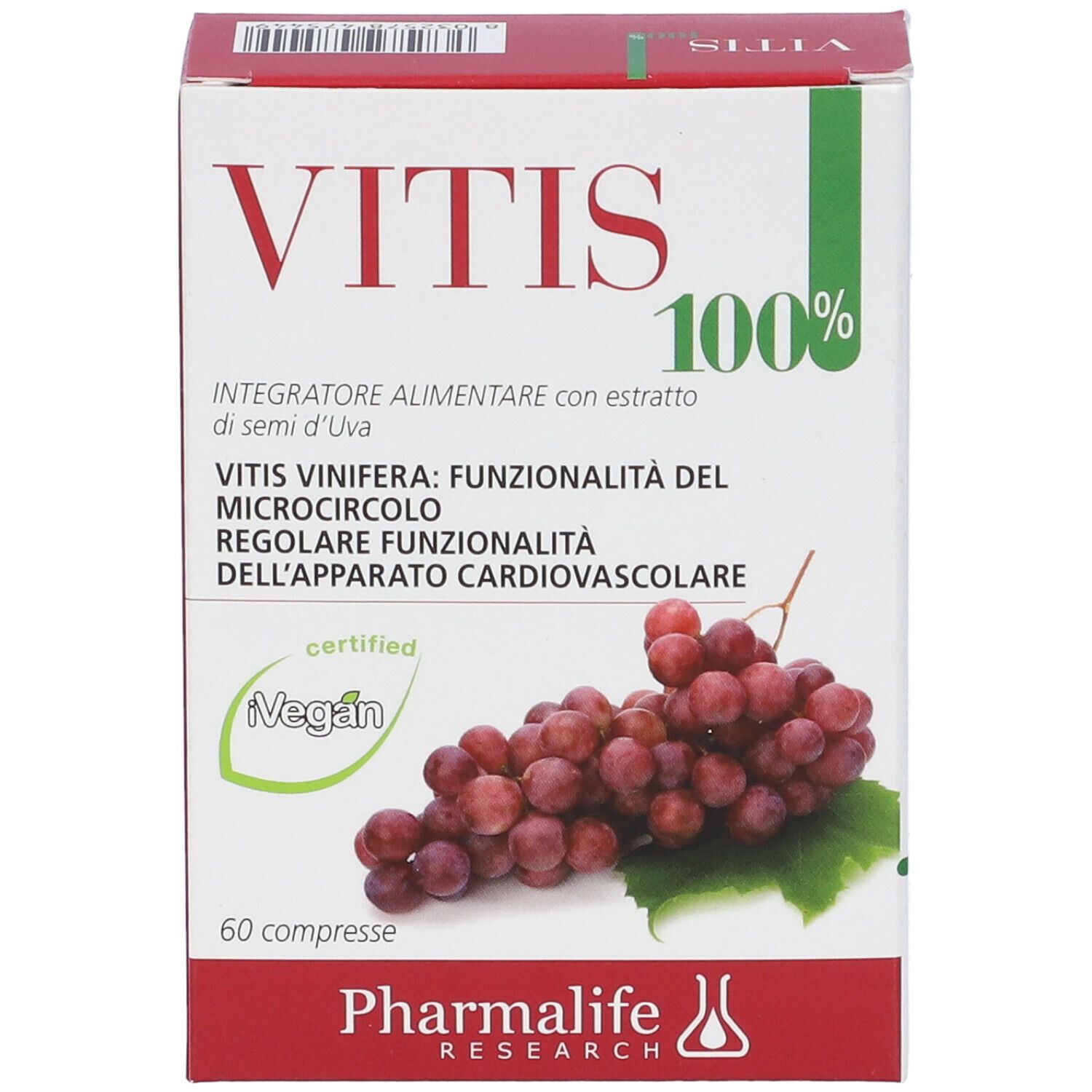 Scatola "Vitis 100%". Immagine di uva. Testo: "Integratore alimentare".