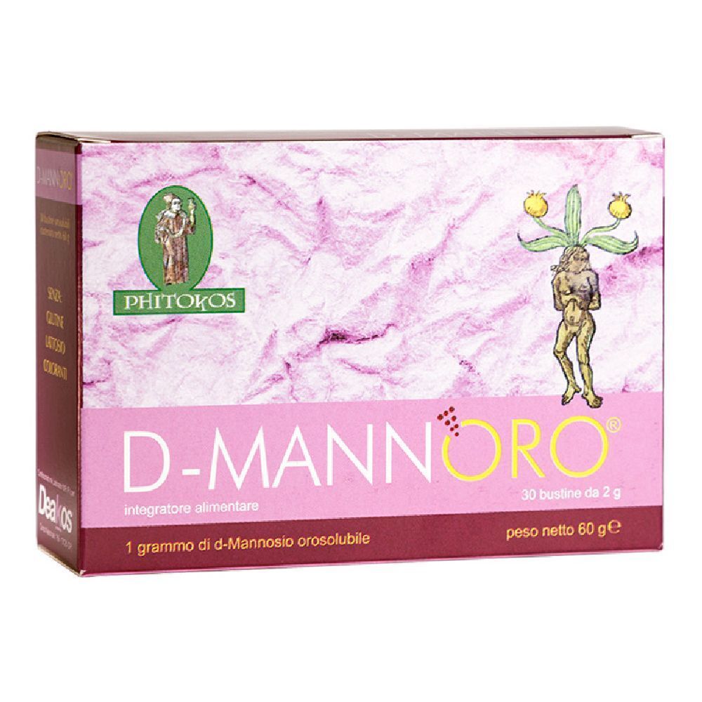 Boîte D-MANNORO. Fond rose, texte vert et jaune. Contient 30 sachets. Marque : Phytokos. Ingrédient principal : D-Mannose.