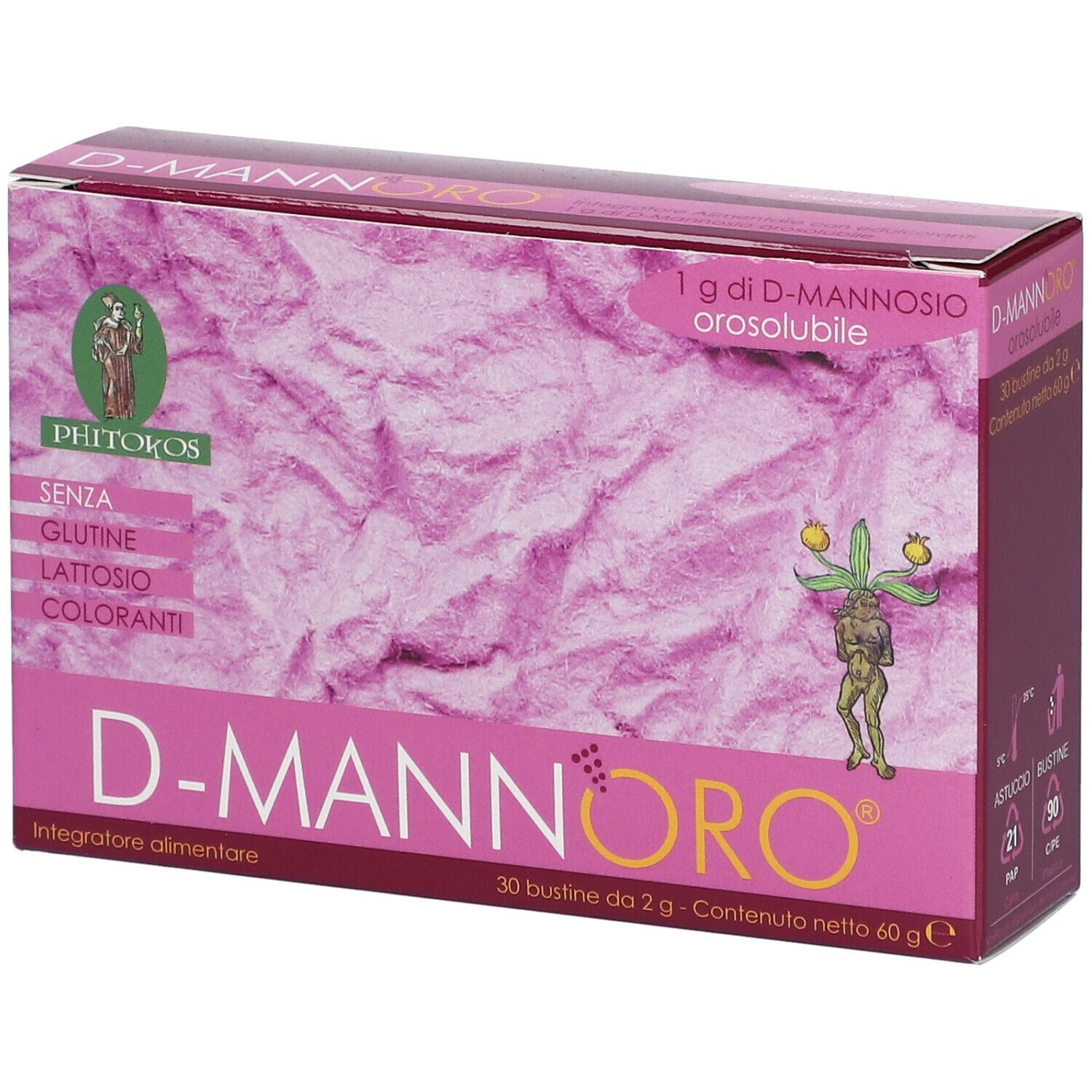 Emballage D-MANNORO. Fond rose avec texte. Contient 30 sachets. Sans gluten, lactose ni colorants. Marque : Phytokos.