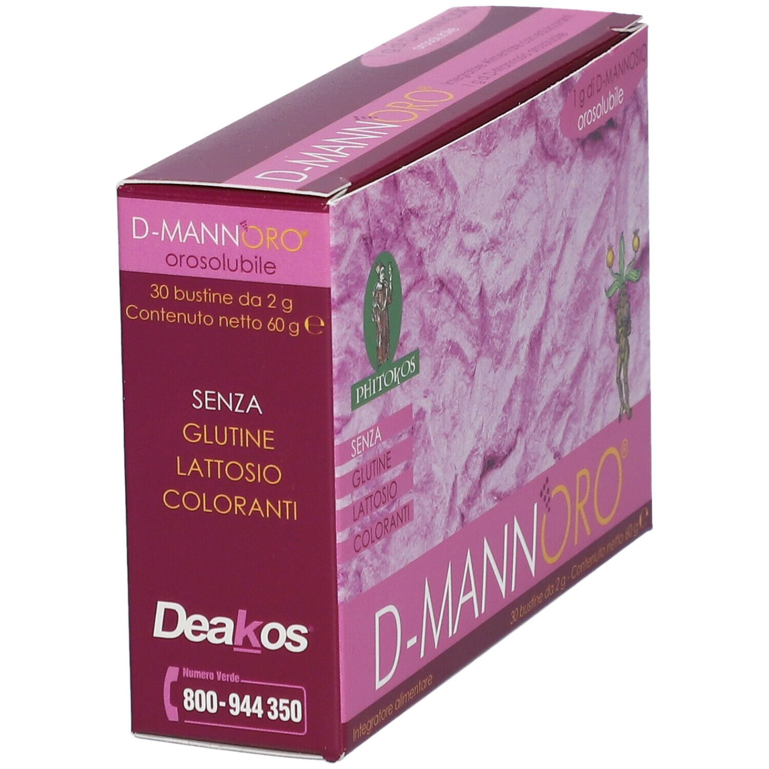 Emballage D-MANNORO, vue en biais. Fond rose. Contient 30 sachets. Sans gluten, lactose ni colorants. Marque : Phytokos.