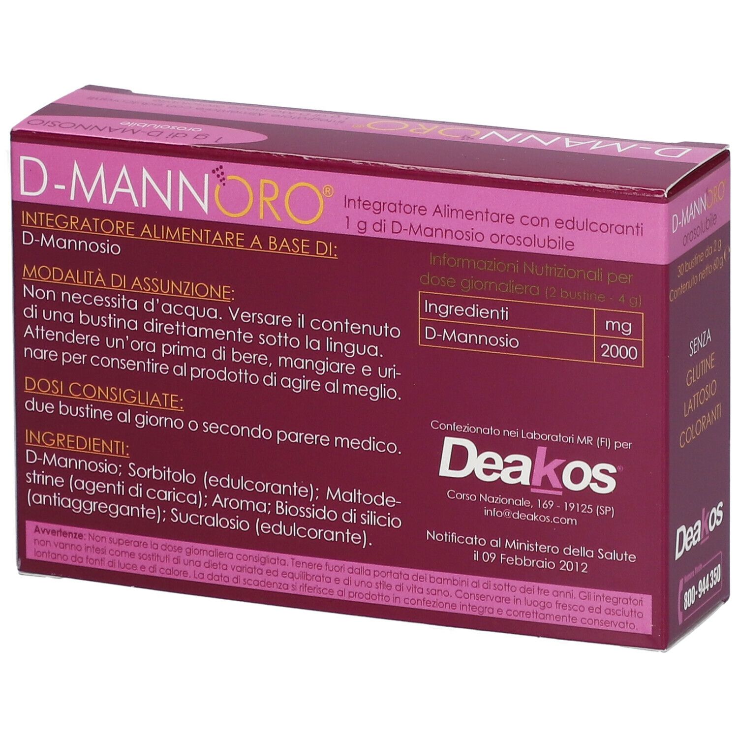 Dos de l'emballage D-MANNORO. Informations sur les ingrédients et le dosage. Marque : Deakos. Contient des informations.