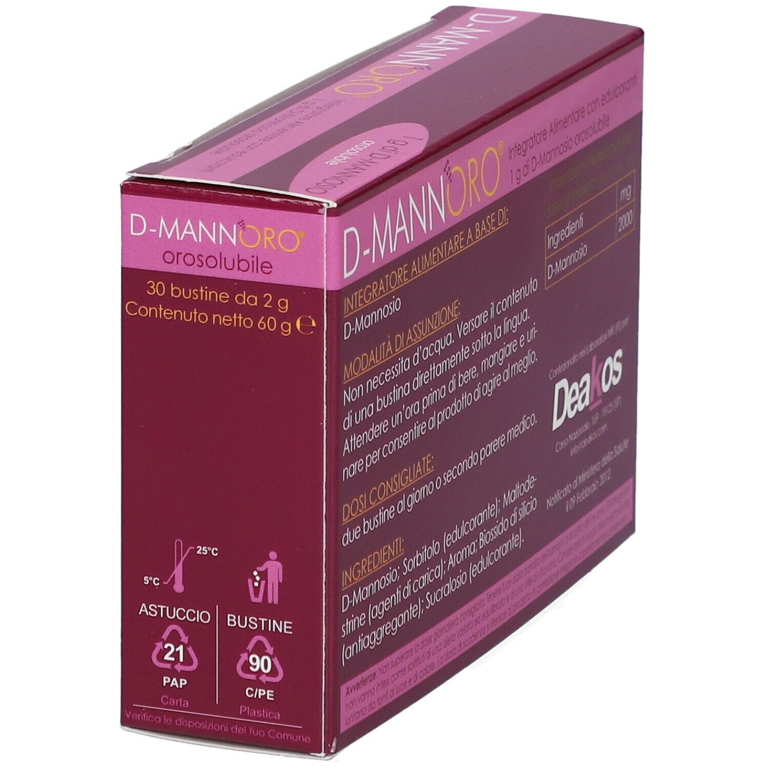 Emballage D-MANNORO, dos. Informations ingrédients et dosage. Marque : Deakos. Avec indications de température.
