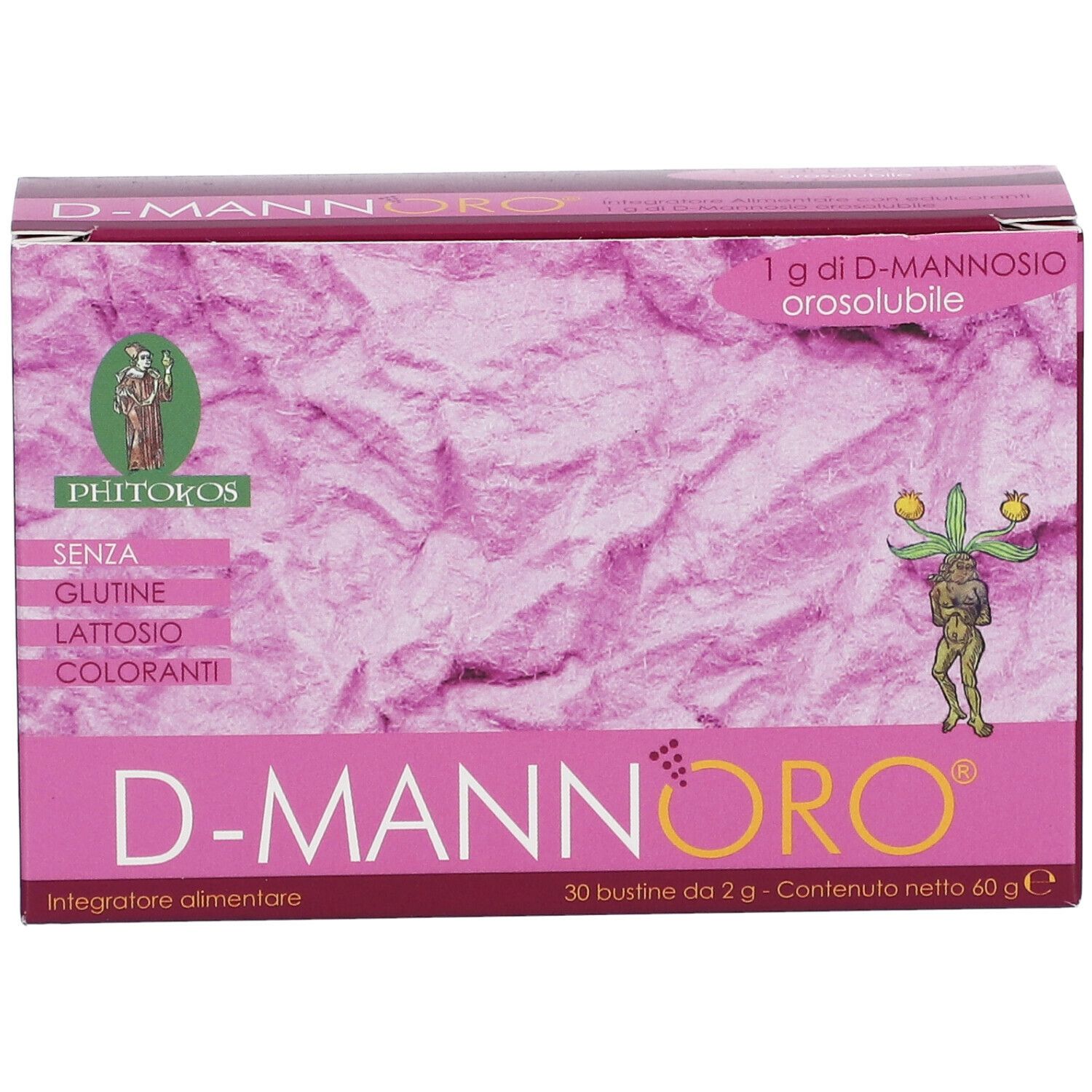 Emballage D-MANNORO. Fond rose, texte. Contient 30 sachets. Sans gluten, lactose ni colorants. Marque : Phytokos.