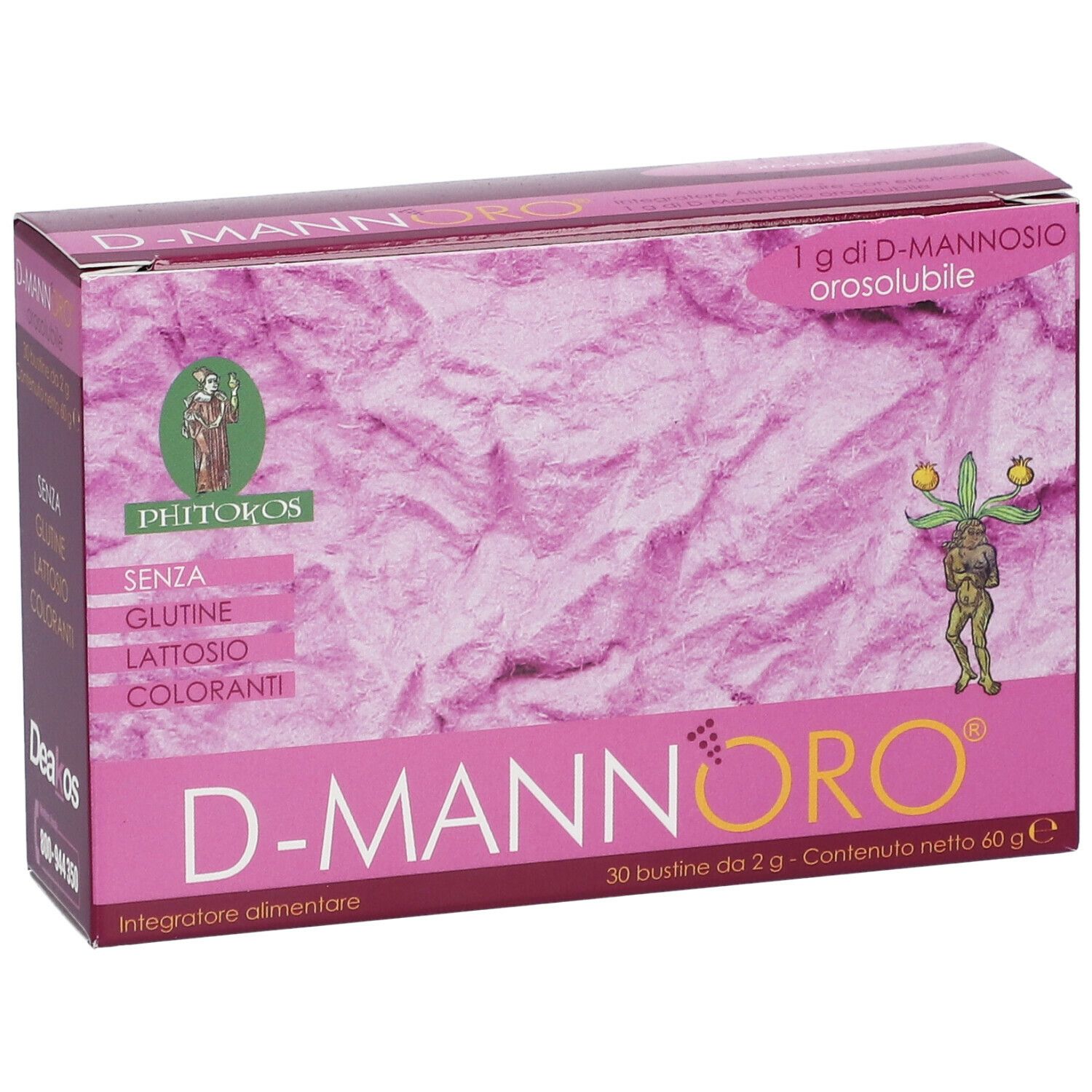 Emballage D-MANNORO. Fond rose, texte. Contient 30 sachets. Sans gluten, lactose ni colorants. Marque : Deakos.