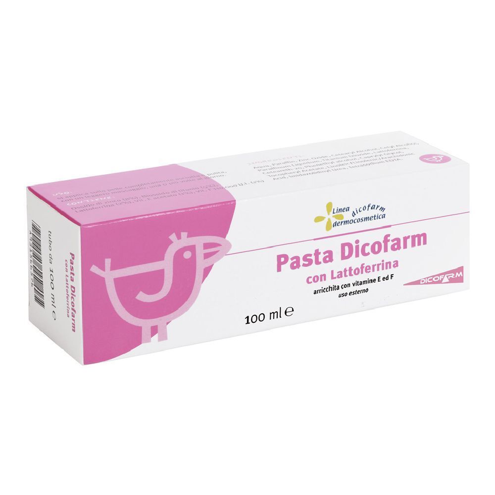 Boîte rose et blanche avec nom et logo du produit. Contient 100 ml. Inscription : Pasta Dicofarm con Lactoferrina.