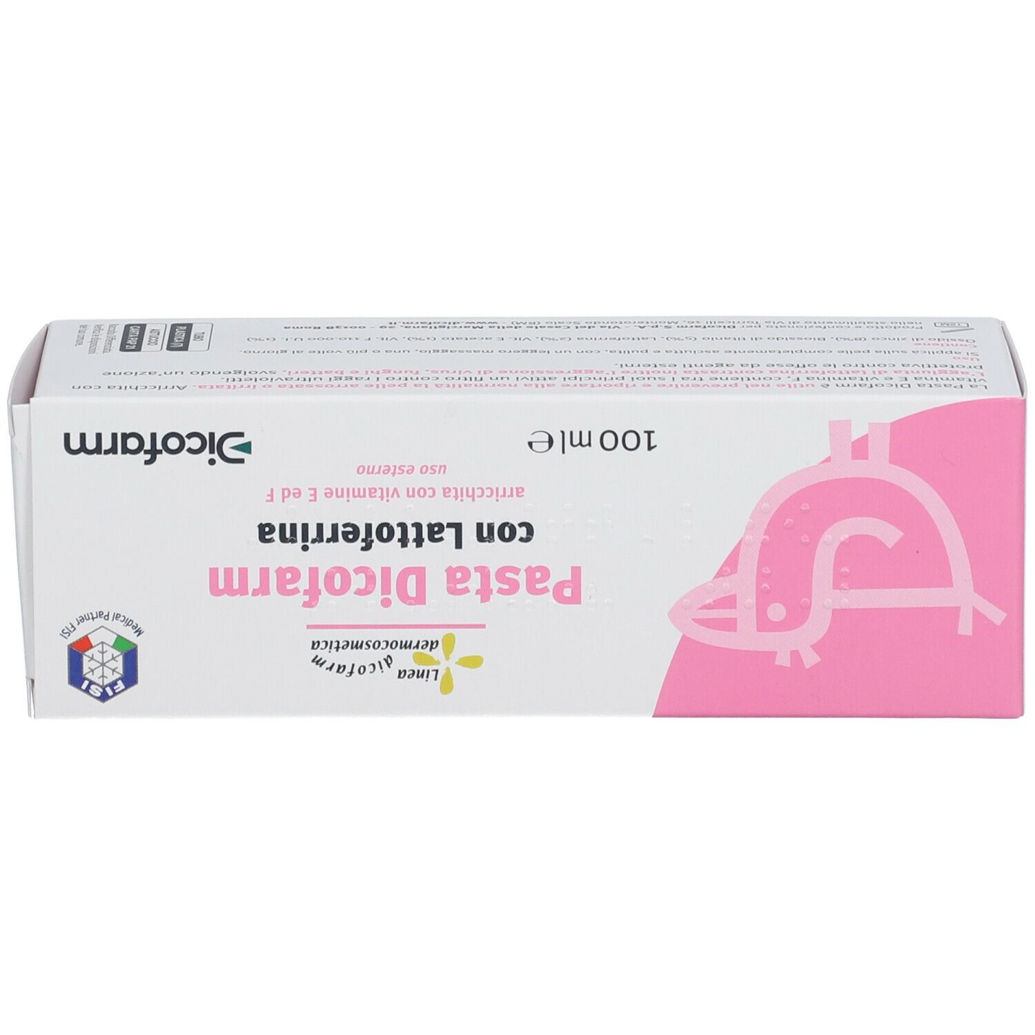 Emballage du produit. Rose et blanc. Inscription : Pasta Dicofarm con Lactoferrina. 100 ml. Logo.