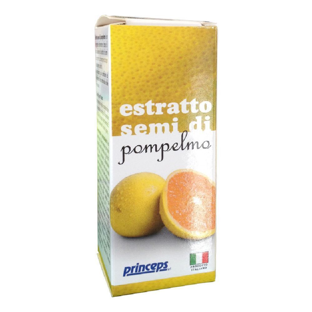 Scatola con stampa del prodotto. Scritta: Estratto Semi di Pompelmo. Illustrazione di pompelmo. Marchio: Princeps.