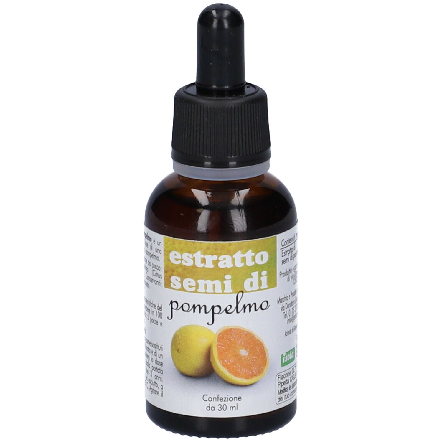 Flacone di vetro marrone con contagocce. Scritta: Estratto Semi di Pompelmo. Illustrazione di pompelmo. Confezione da 30 ml.