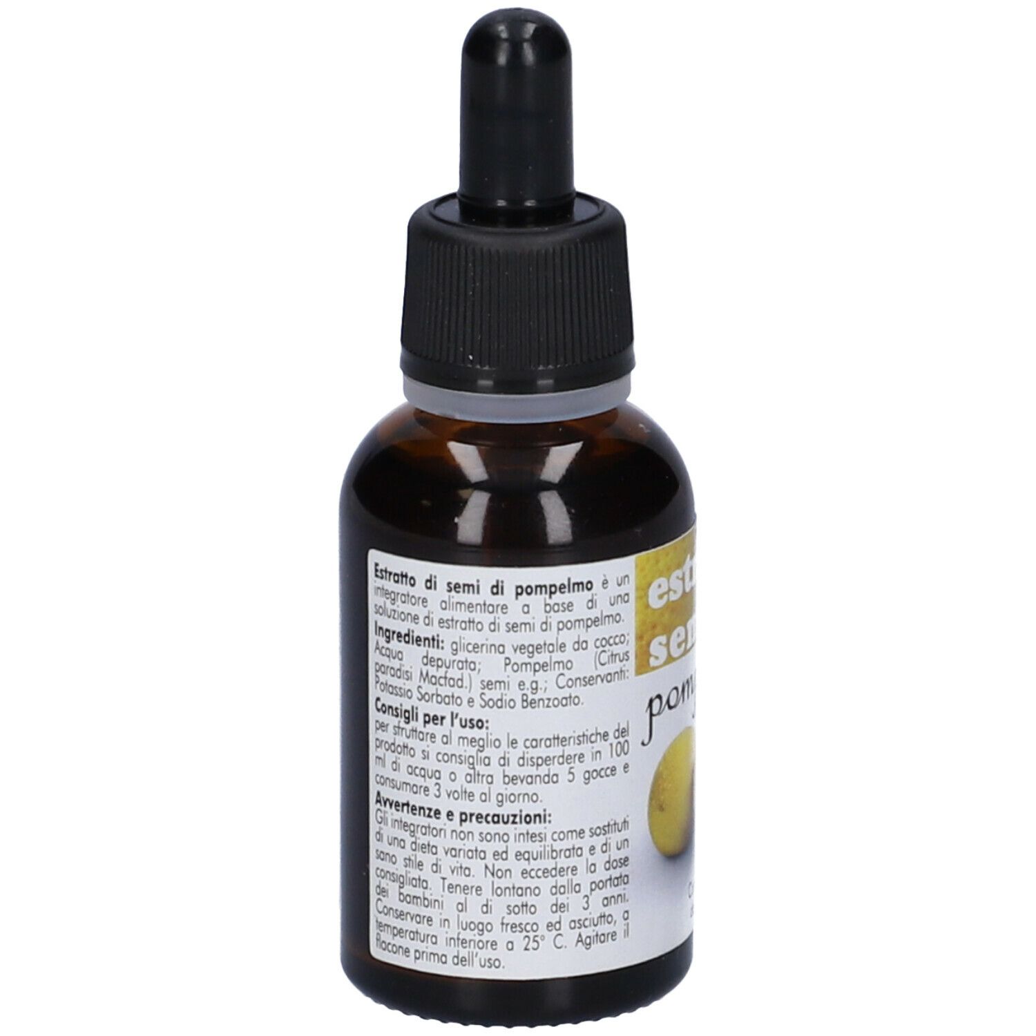 Flacone di vetro marrone con contagocce. Scritta: Estratto Semi di Pompelmo. Retro con testo. Confezione da 30 ml.
