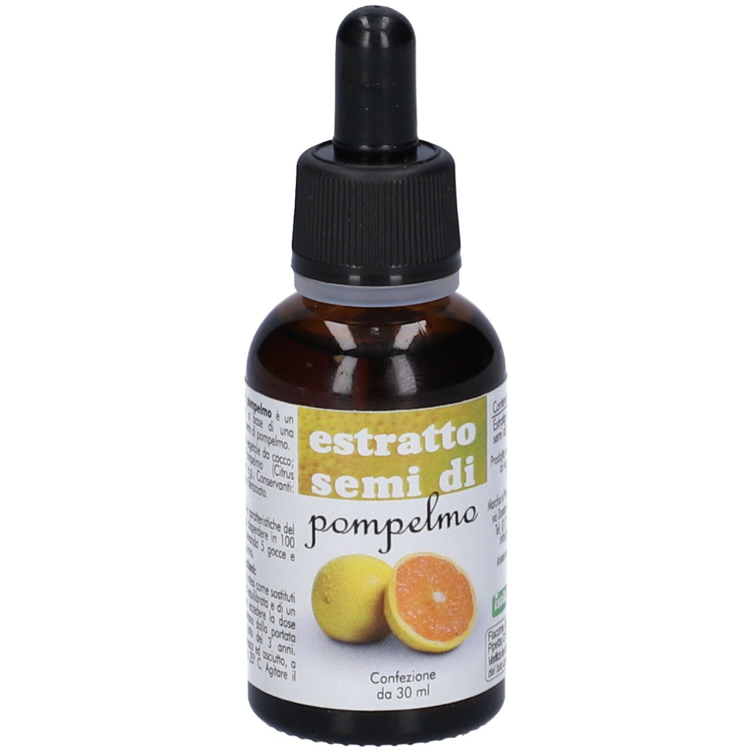 Flacone di vetro marrone con contagocce. Scritta: Estratto Semi di Pompelmo. Confezione da 30 ml. Illustrazione di pompelmo.