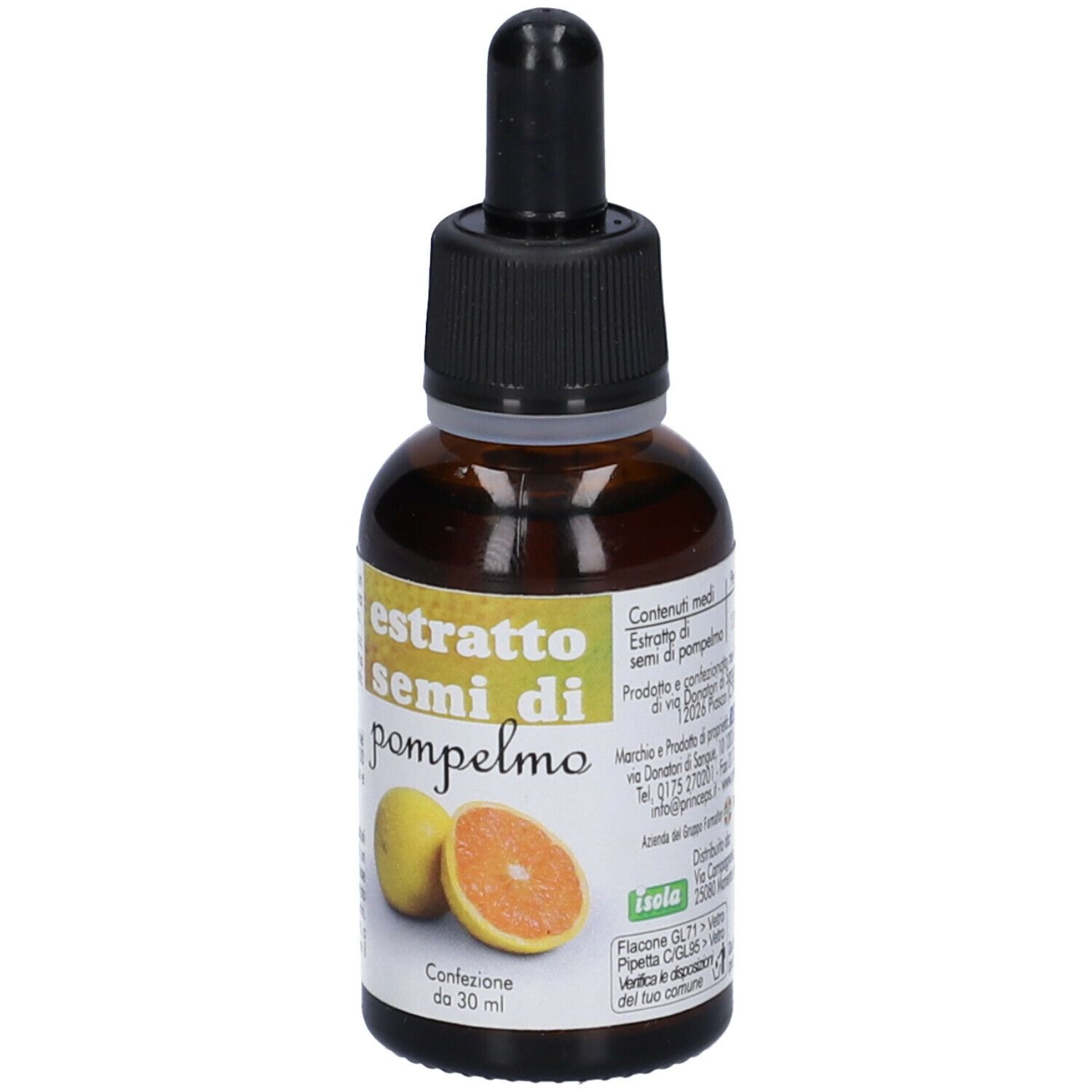 Flacone di vetro marrone con contagocce. Scritta: Estratto Semi di Pompelmo. Confezione da 30 ml. Marchio: Isola.