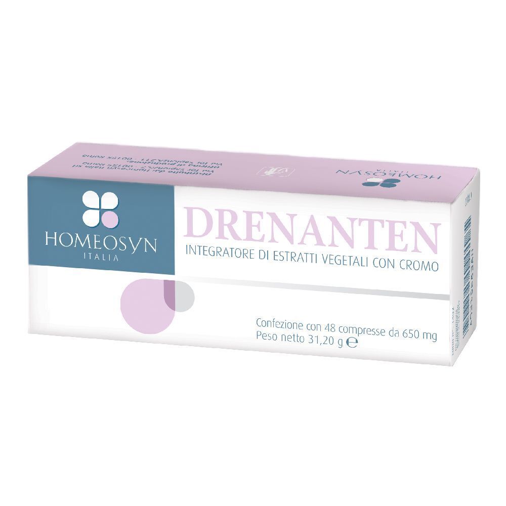 Scatola con nome del prodotto e logo. Contiene 48 compresse. Confezione viola e bianca.