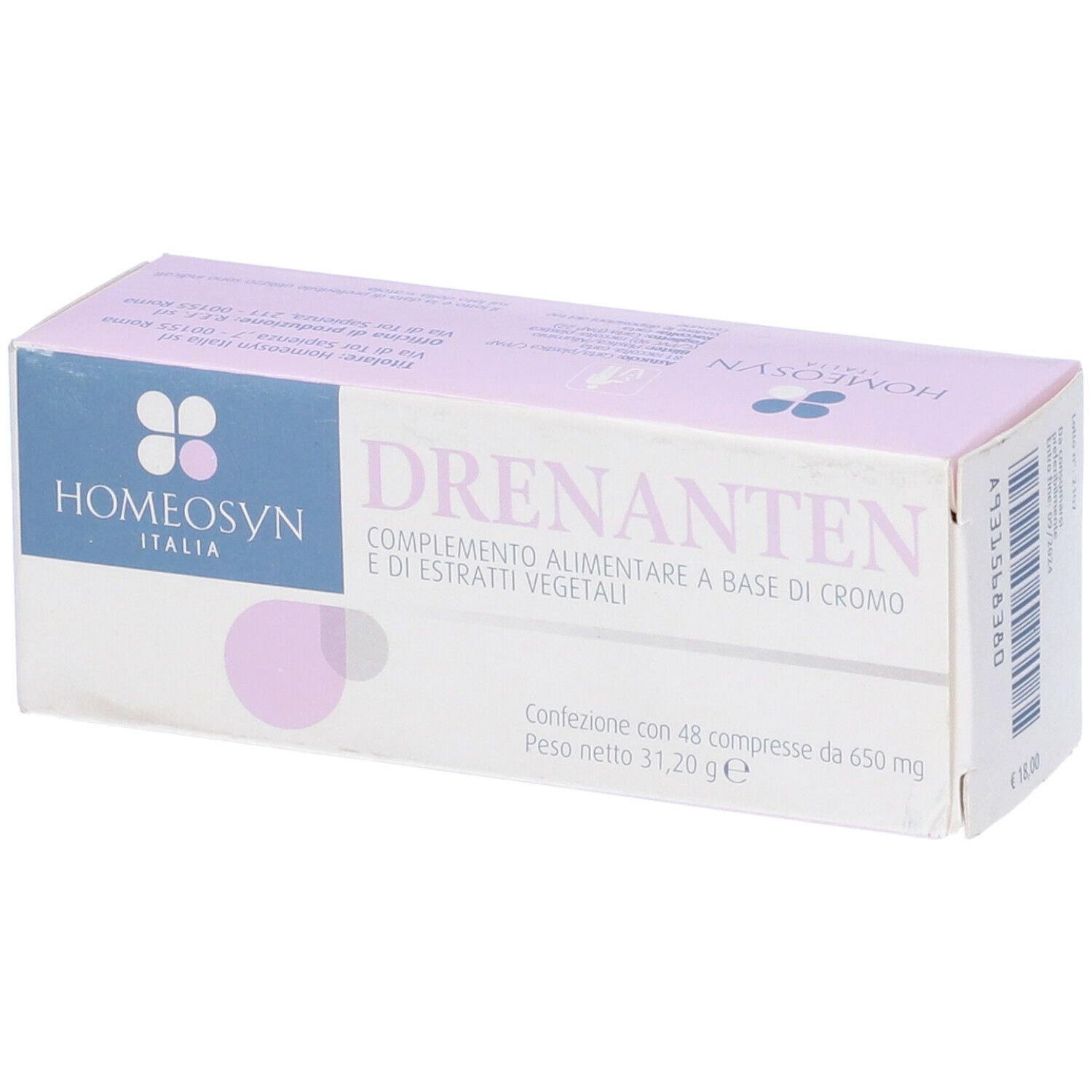 Confezione del prodotto con nome e logo. Contiene 48 compresse. Confezione viola e bianca.