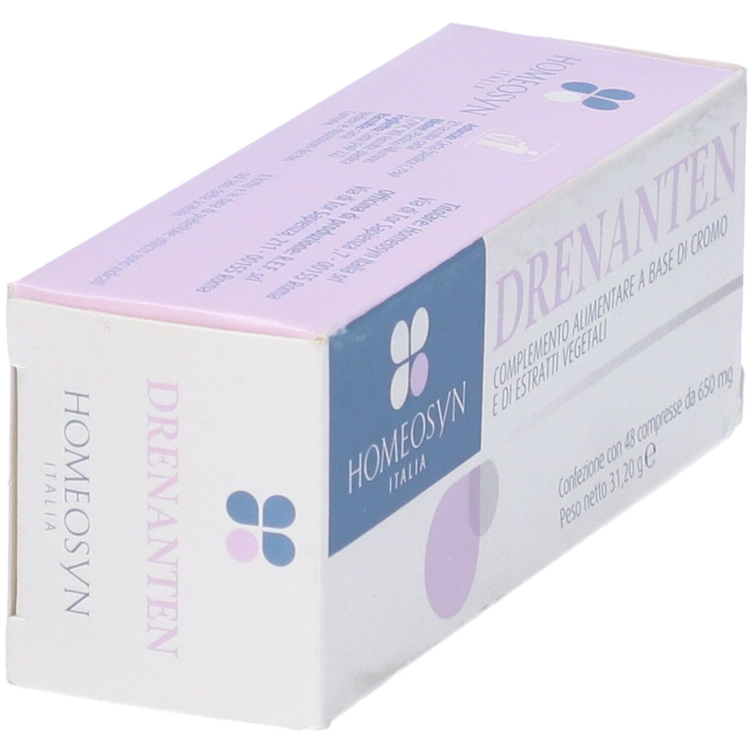 Confezione del prodotto con nome e logo. Contiene 48 compresse. Confezione viola e bianca.