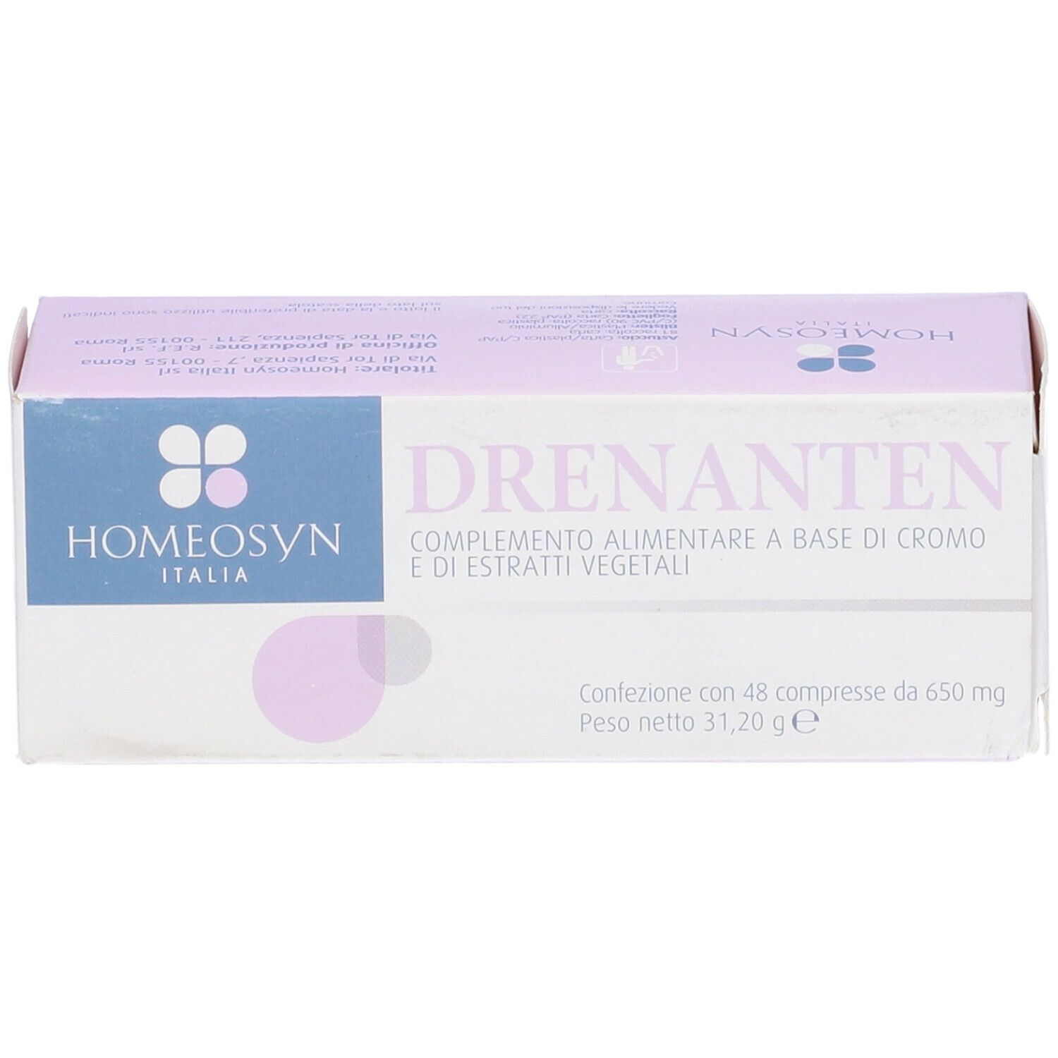 Confezione con nome e logo. Contiene 48 compresse. Confezione viola e bianca.