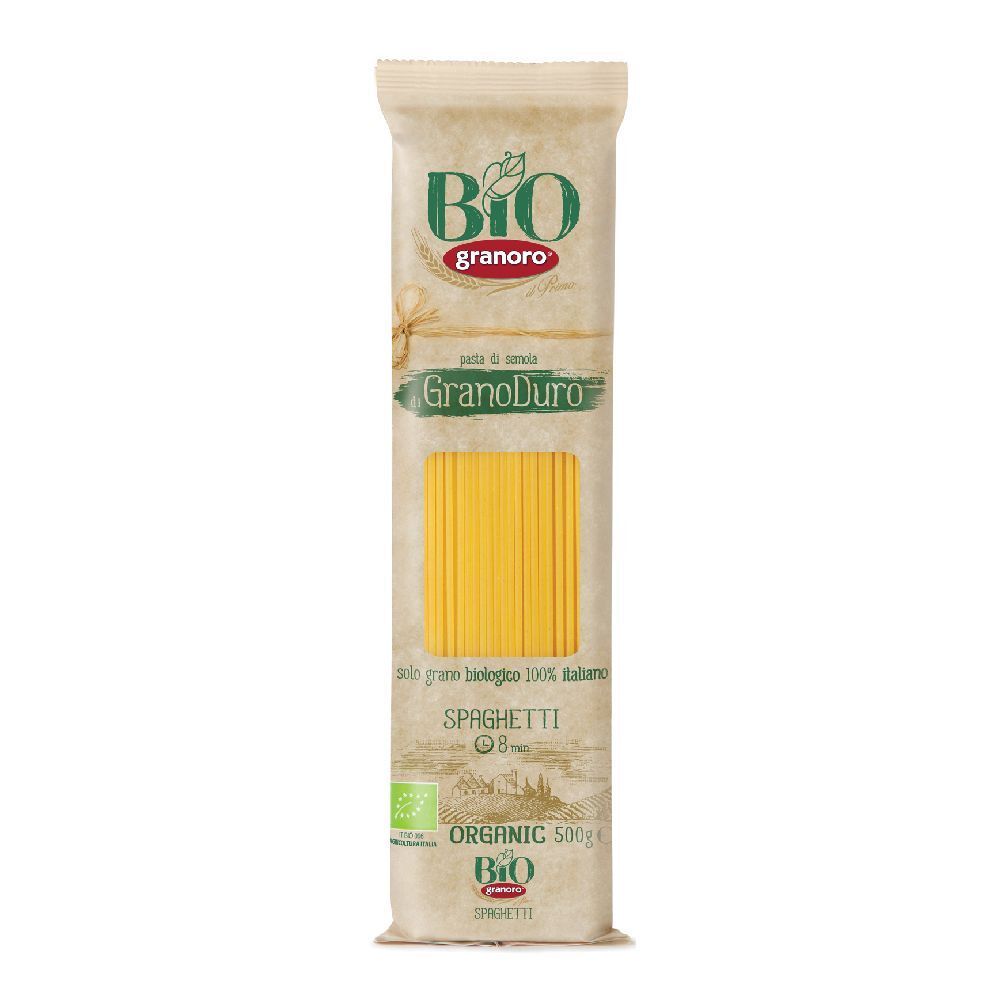 Confezione di spaghetti. Finestra mostra pasta. Testo: Granoro Bio, Spaghetti, 500g, certificazione bio.