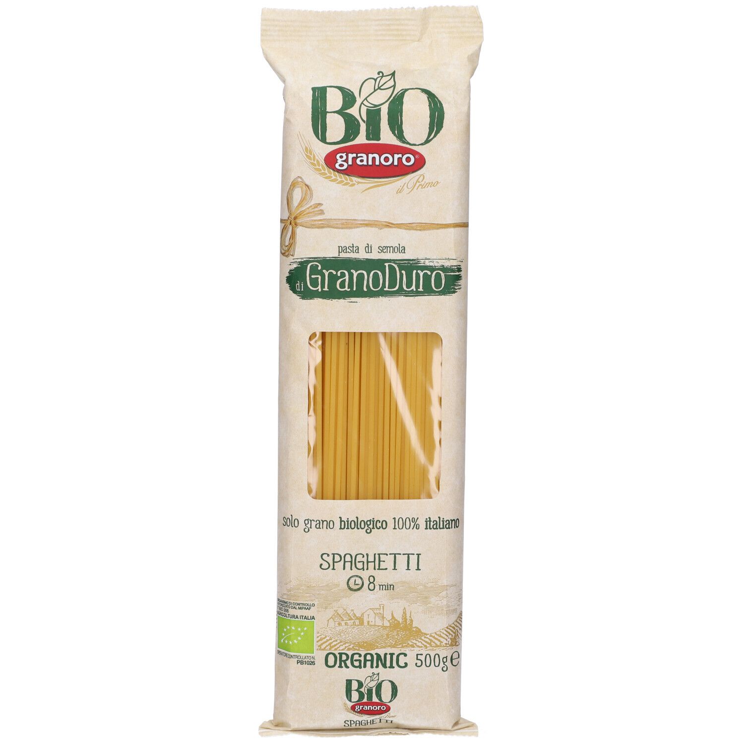 Confezione di spaghetti. Finestra mostra pasta. Testo: Granoro Bio, Spaghetti, 500g, certificazione bio.