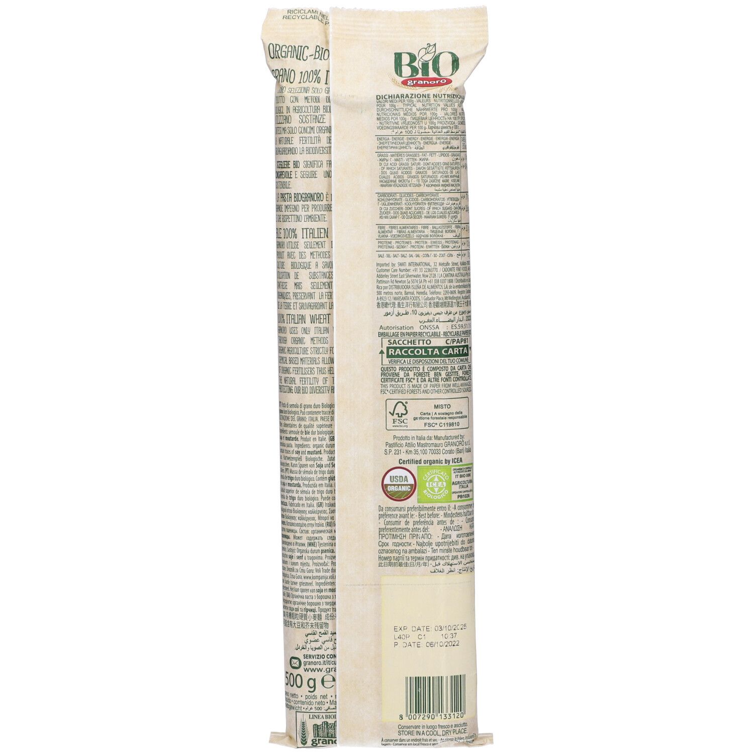 Retro confezione spaghetti. Testo e certificazioni. Sigillo bio, testo: 500g, data scadenza.