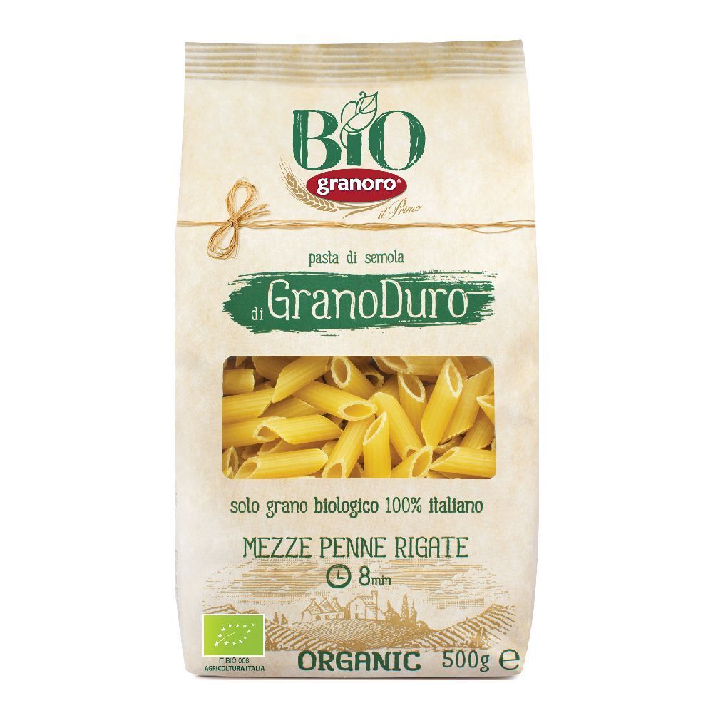Confezione di Mezze Penne Rigate. Finestra mostra pasta. Certificazione bio, logo Granoro, testo in italiano.