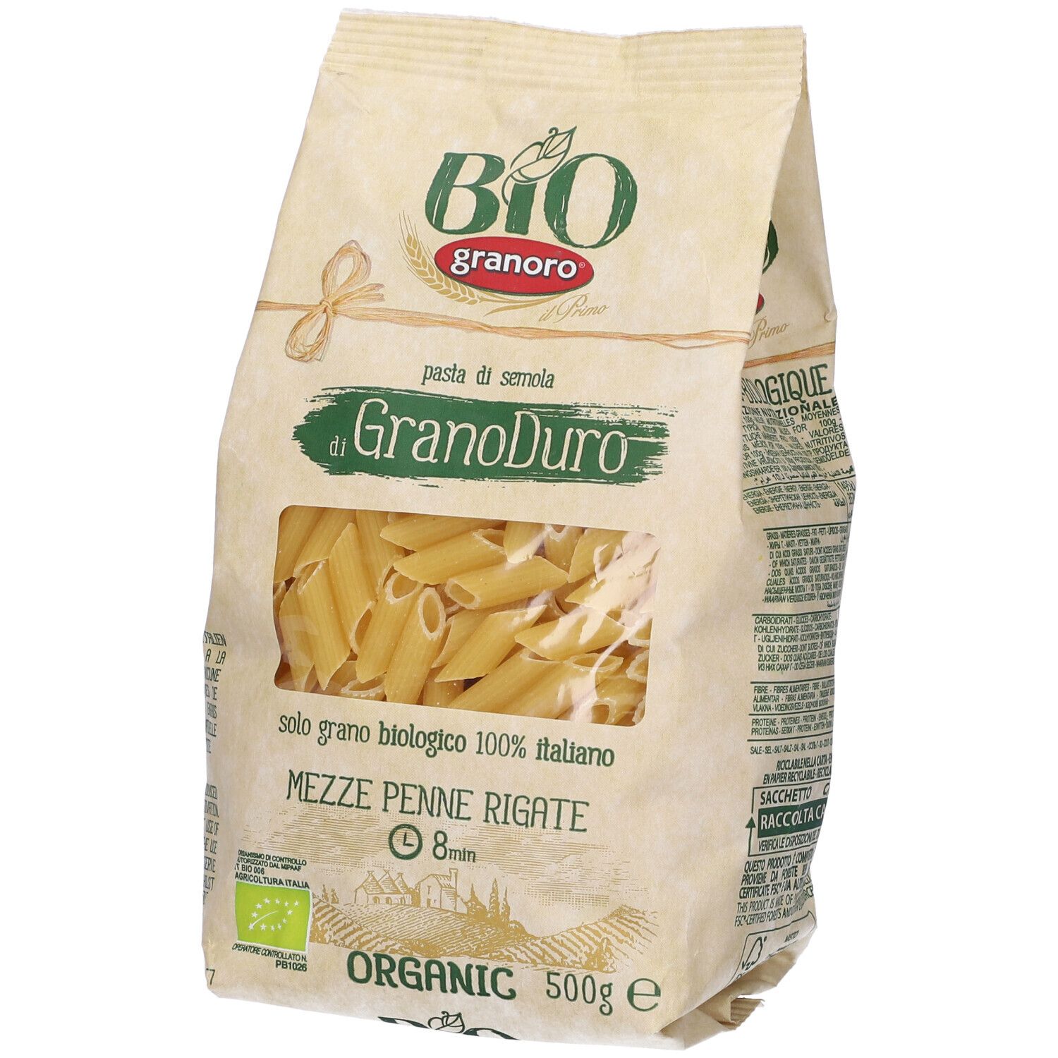 Confezione di Mezze Penne Rigate, angolata. Finestra con pasta. Certificazione bio, logo Granoro, testo italiano.