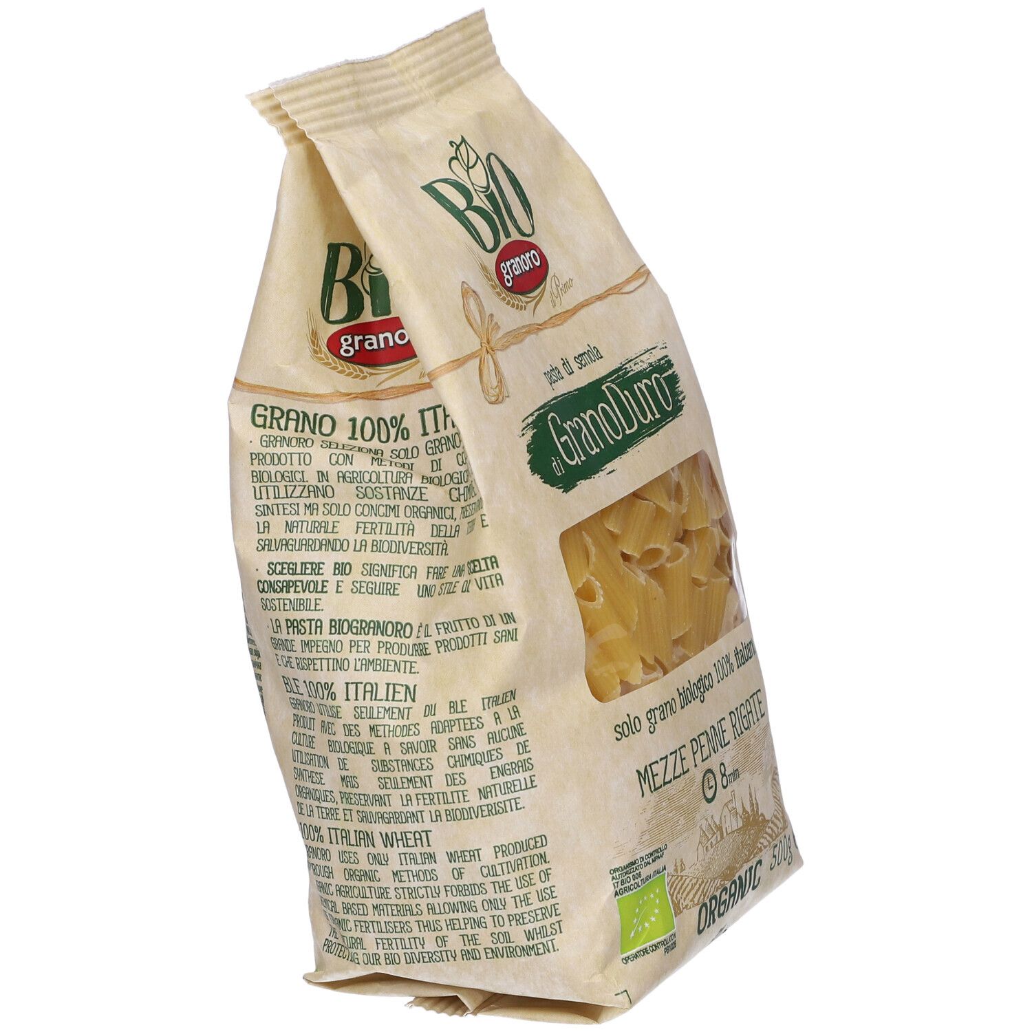 Confezione di Mezze Penne Rigate, angolata. Retro con testo. Certificazione bio, logo Granoro, testo italiano.