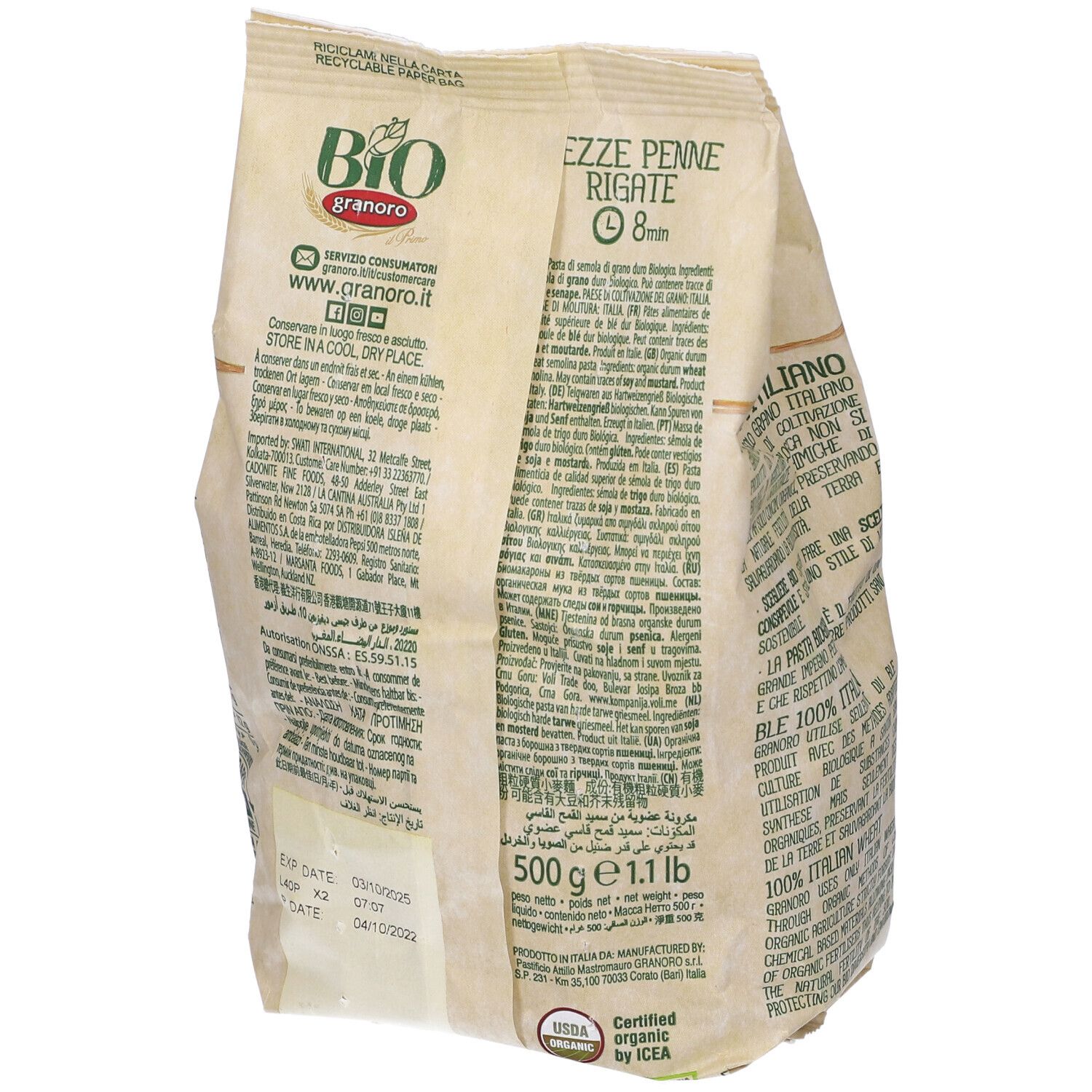 Retro della confezione Mezze Penne Rigate. Testo, certificazione bio, logo Granoro, testo italiano, peso.
