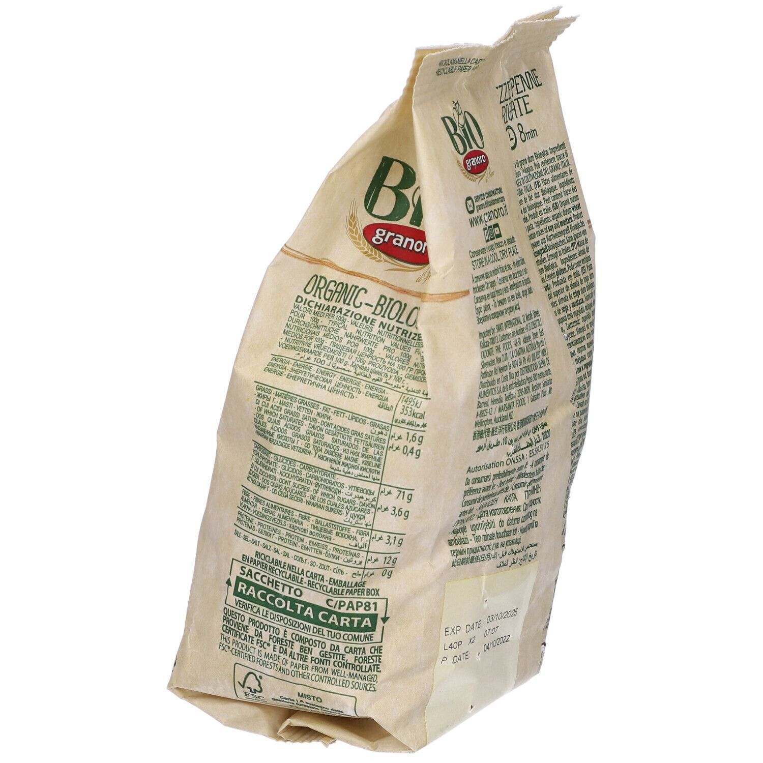Confezione Mezze Penne Rigate angolata. Retro con testo. Certificazione bio, logo Granoro, testo italiano.