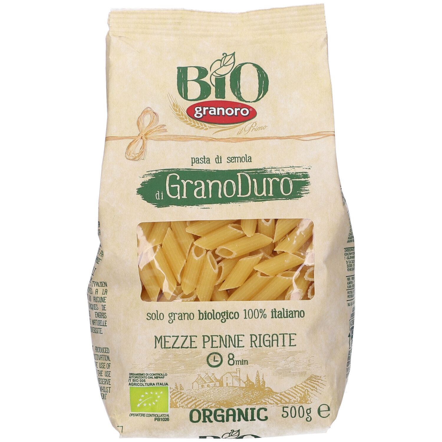 Confezione di Mezze Penne Rigate. Finestra mostra pasta. Certificazione bio, logo Granoro, testo in italiano.