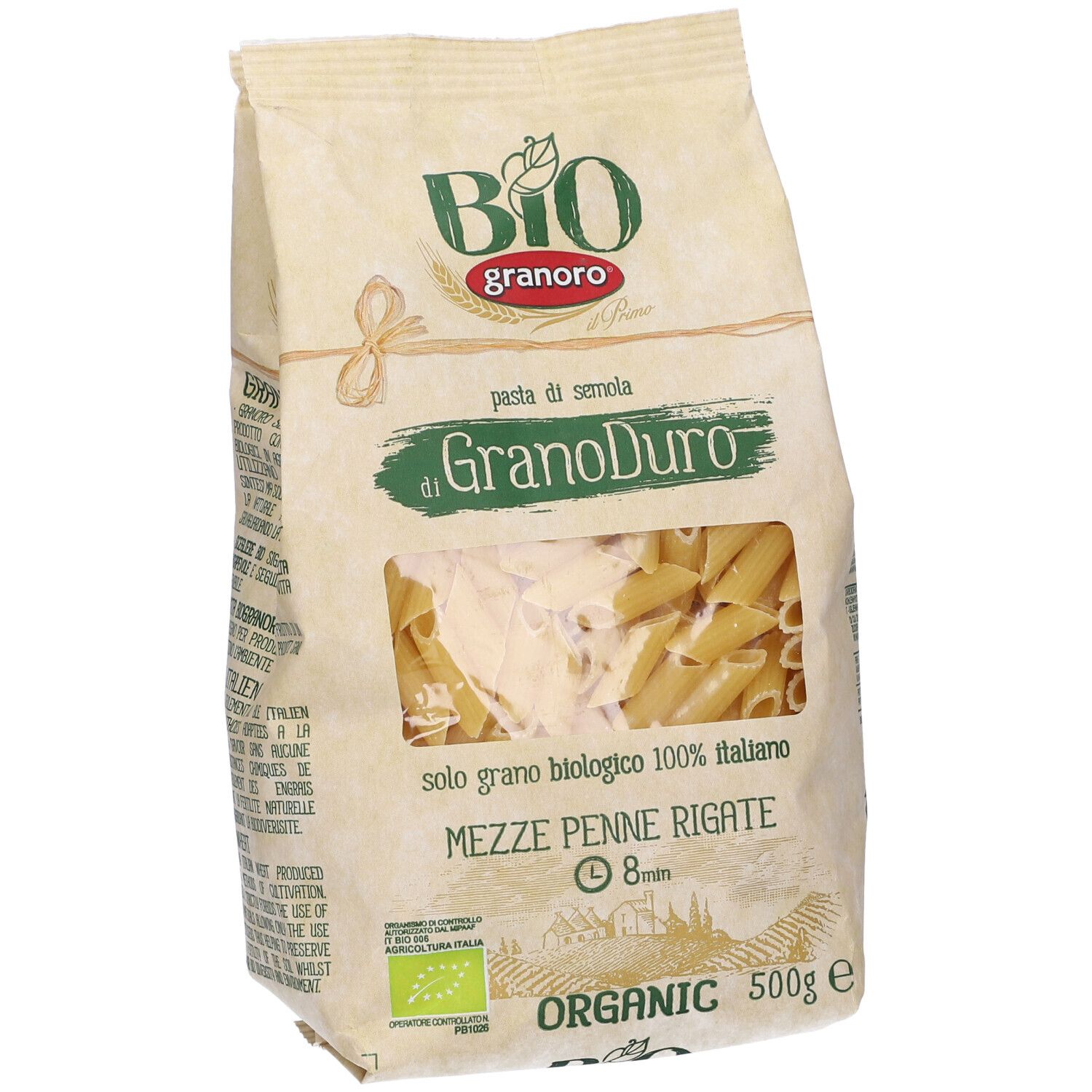 Confezione di Mezze Penne Rigate. Finestra mostra pasta. Certificazione bio, logo Granoro, testo in italiano.