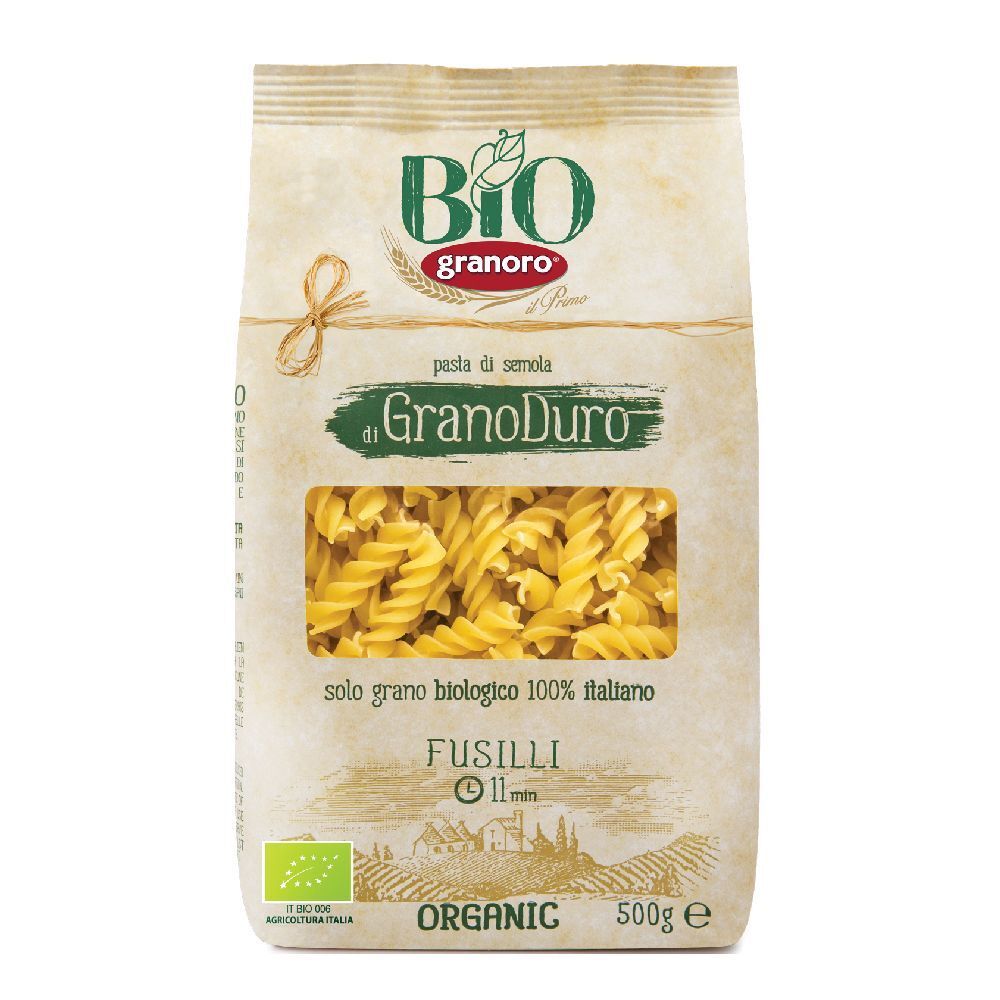 Pasta fusilli in confezione di carta. Certificazione biologica. 500g. Scritta: Granoro, Bio, Fusilli.