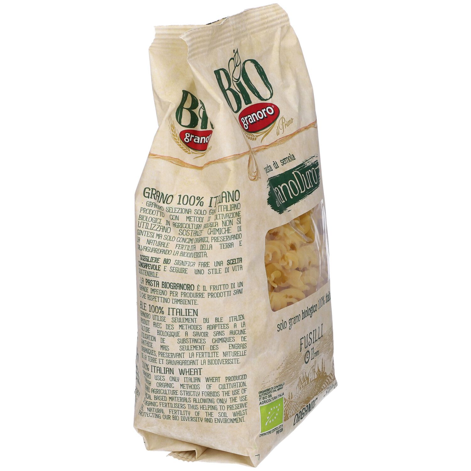 Confezione di carta con pasta fusilli. Certificazione biologica. Scritta: Granoro, Bio, Fusilli. Testo sul retro.