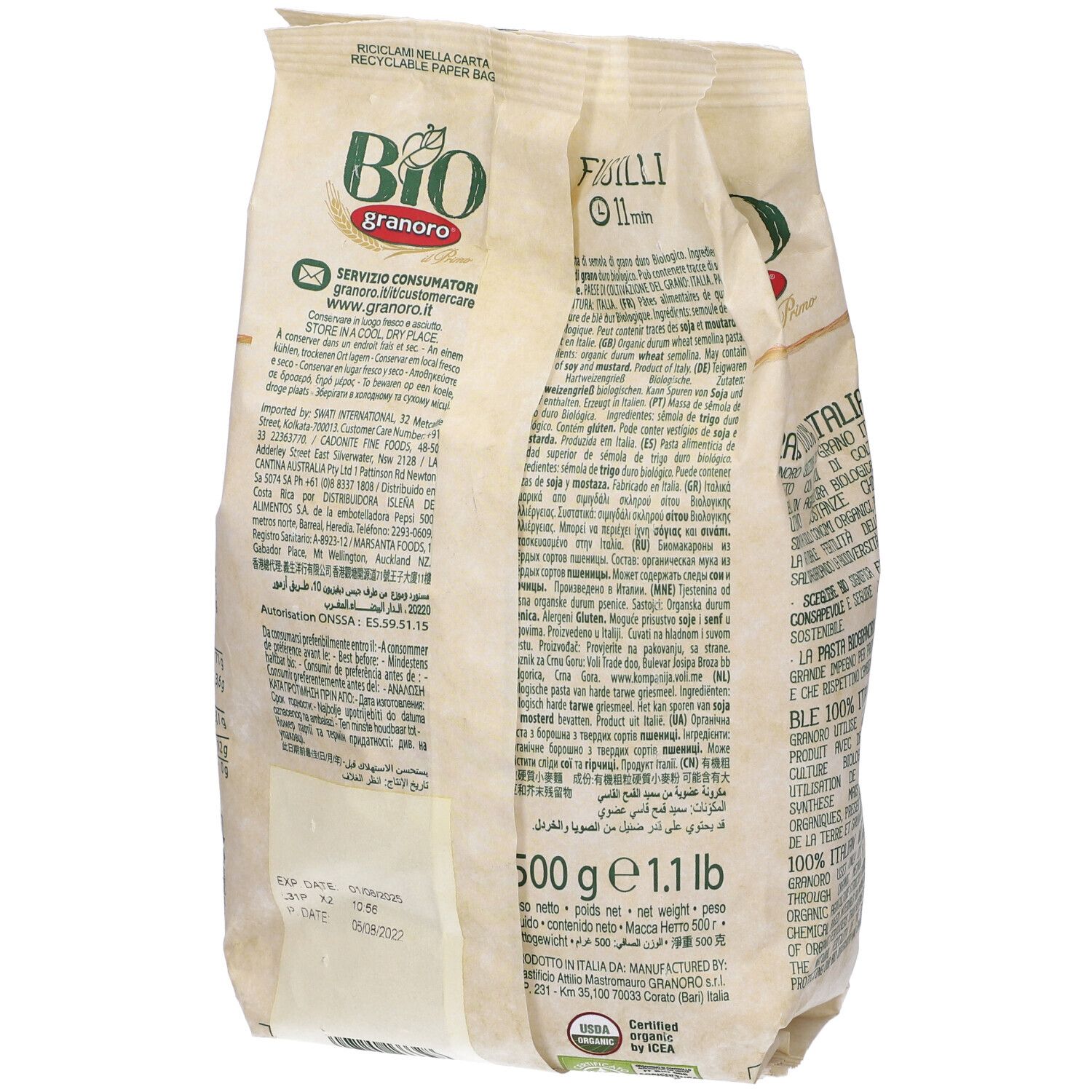 Retro della confezione di pasta fusilli. Certificazione biologica. Scritta: Granoro, Fusilli, 500g.