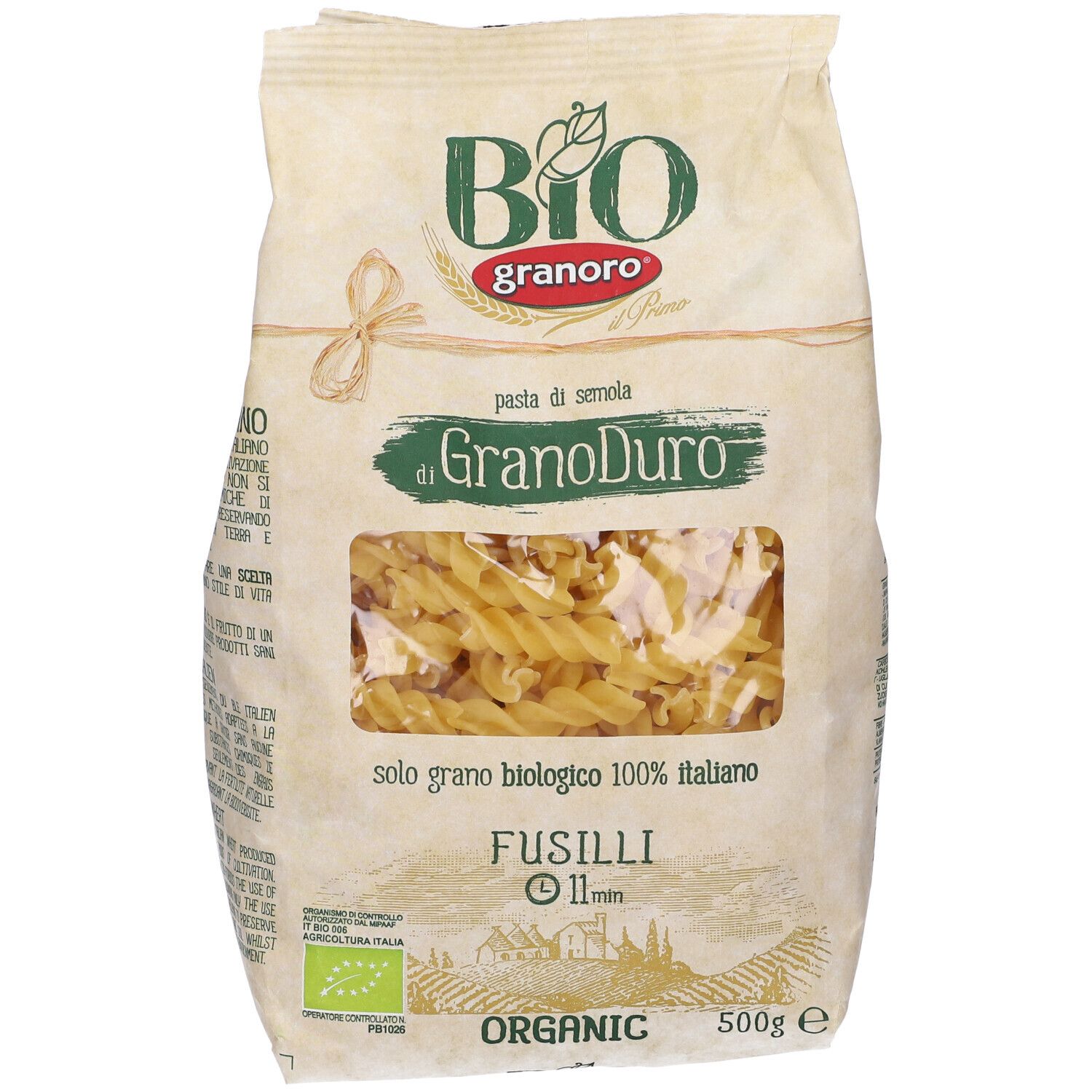 Pasta fusilli in confezione di carta. Certificazione biologica. 500g. Scritta: Granoro, Bio, Fusilli.