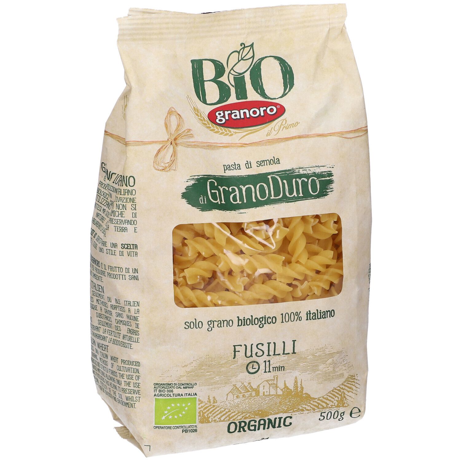 Pasta fusilli in confezione di carta con finestra. Certificazione biologica. 500g. Scritta: Granoro, Bio, Fusilli.