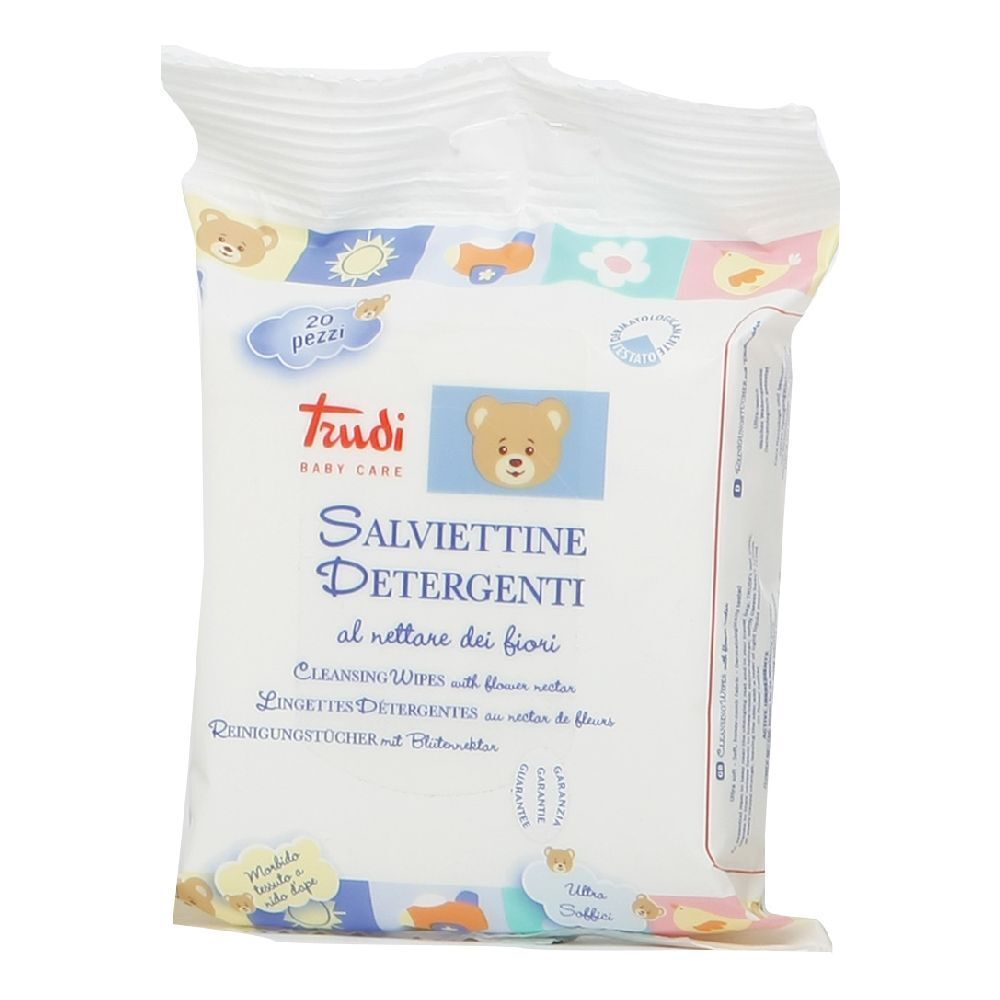 Paquet de lingettes nettoyantes Trudi Baby Care. Emballage blanc avec motifs d'ours. Texte: Salviettine Detergenti, 20 pièces.