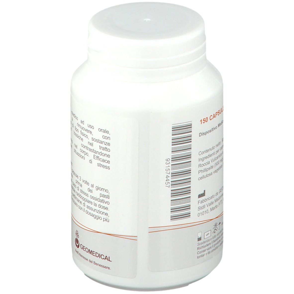 Flacone bianco con tappo a vite. Codice a barre e testo in italiano. Logo: Geomedical. Scritta: 150 capsule.