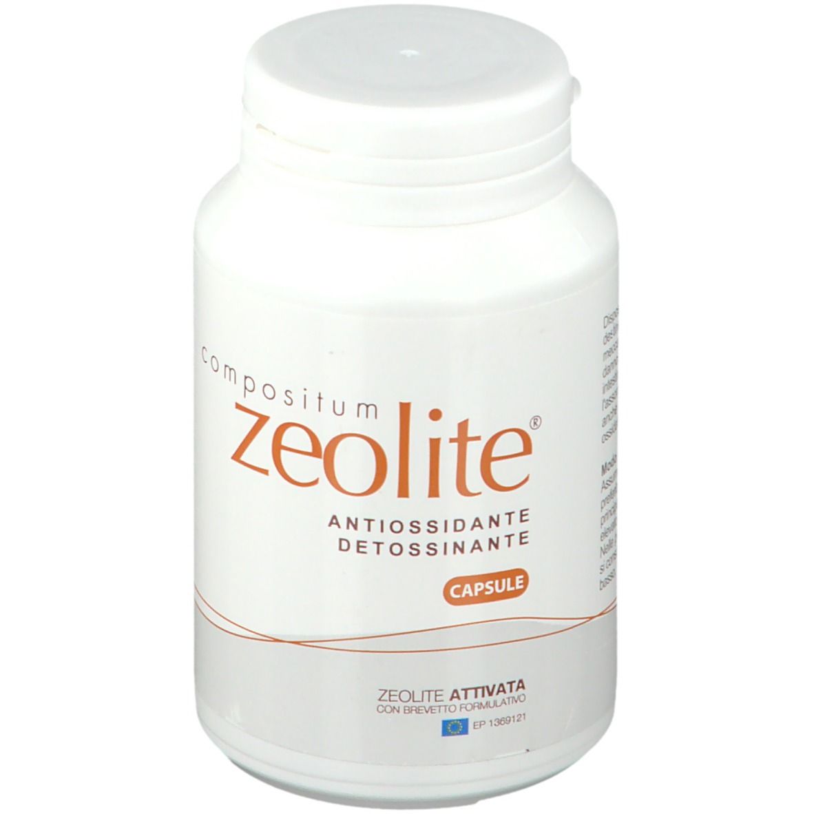 Flacone bianco con tappo a vite. Scritta: compositum zeolite, antiossidante, detossinante. Logo capsula. Zeolite attivata.