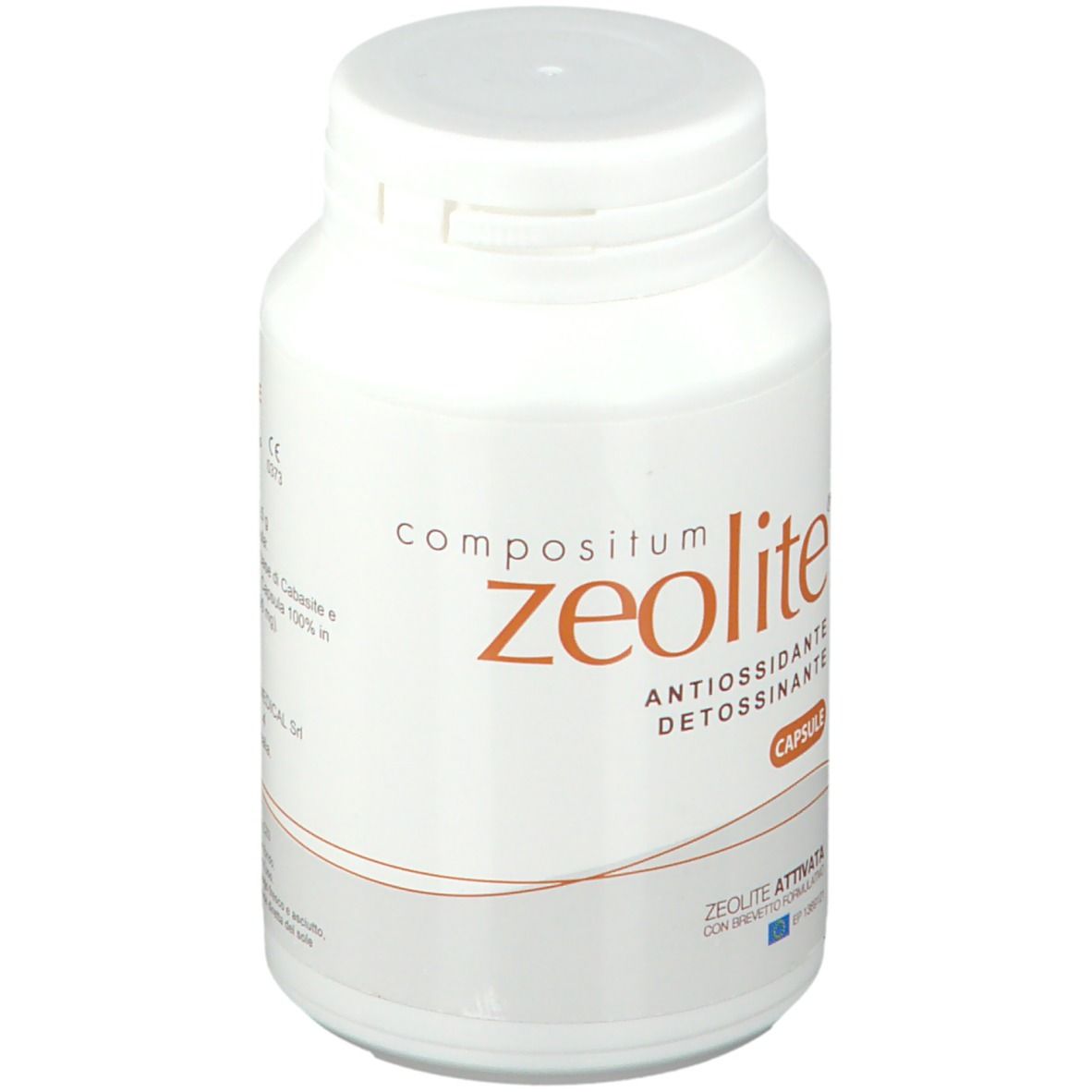 Flacone bianco con tappo a vite. Scritta: compositum zeolite, antiossidante, detossinante. Logo capsula. Zeolite attivata.