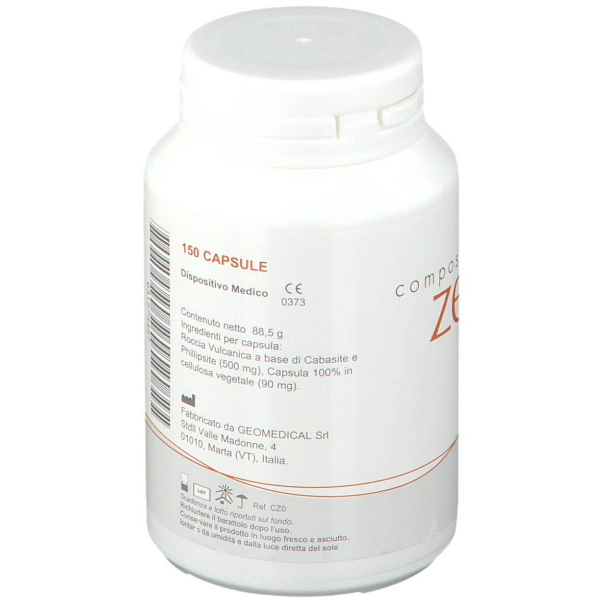 Flacone bianco con tappo a vite. Scritta: 150 capsule. Testo in italiano. Logo: Geomedical. Marchio CE.