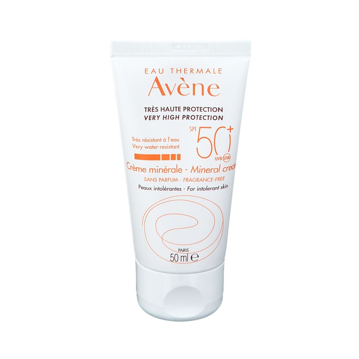 Confezione crema solare. Testo: Avène, SPF 50+, Crème minérale. Per pelli intolleranti.