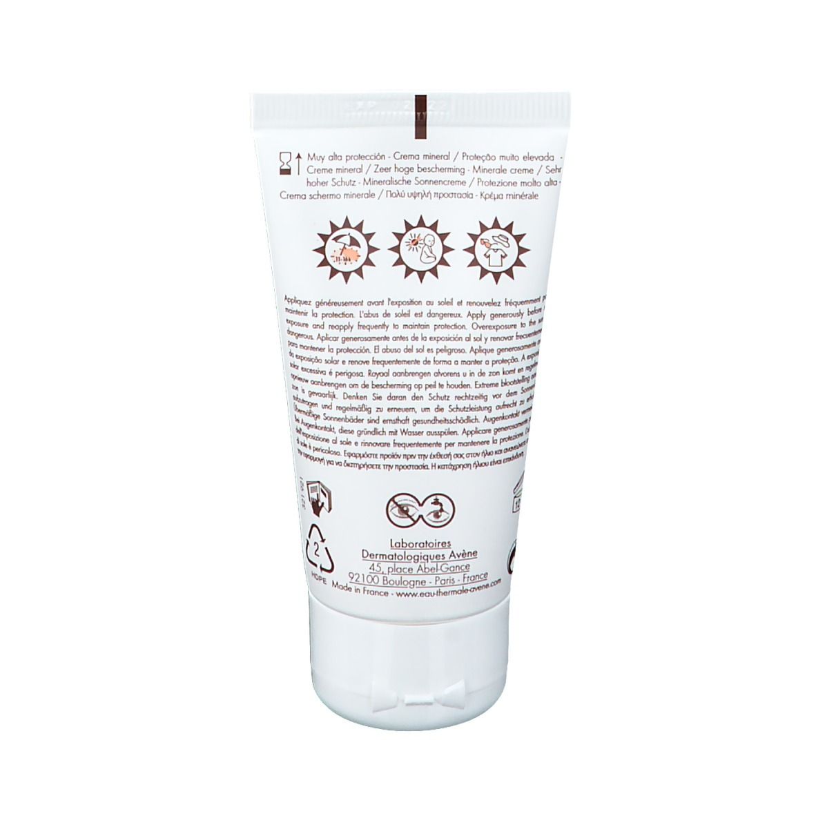 Confezione crema solare. Testo sul lato. Ingredienti e istruzioni per l'uso.