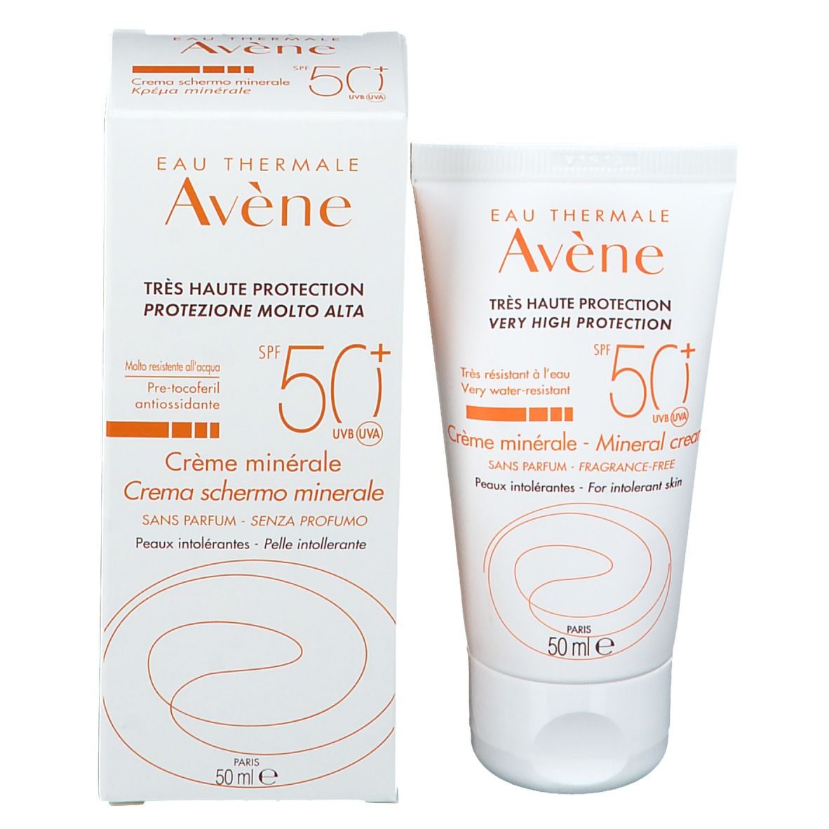 Confezione crema solare. Testo sul lato. Ingredienti e istruzioni per l'uso.