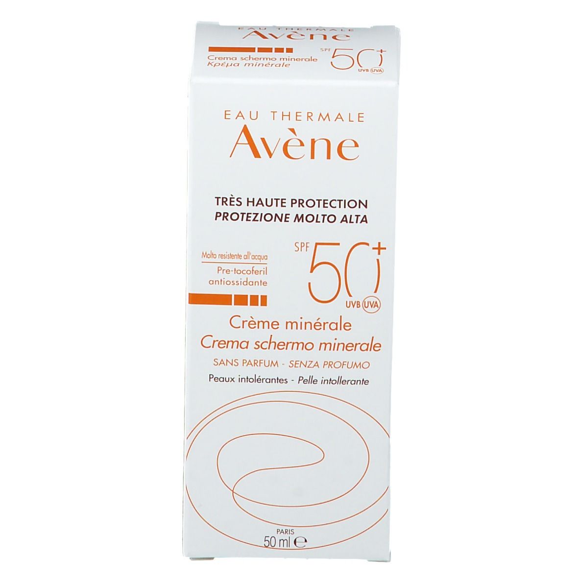 Confezione crema solare. Testo sul lato. Ingredienti e istruzioni per l'uso.