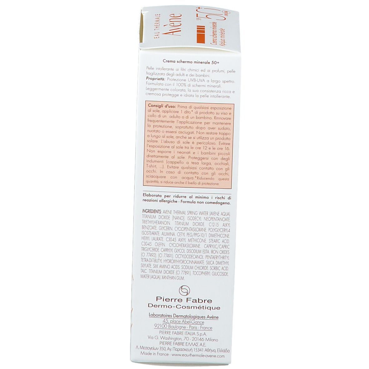 Confezione crema solare. Testo sul lato. Ingredienti e istruzioni per l'uso.