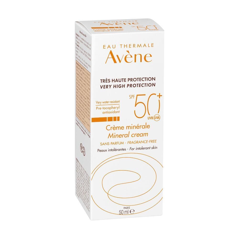 Confezione crema solare. Testo: Avène, SPF 50+, Crème minérale. Per pelli intolleranti.