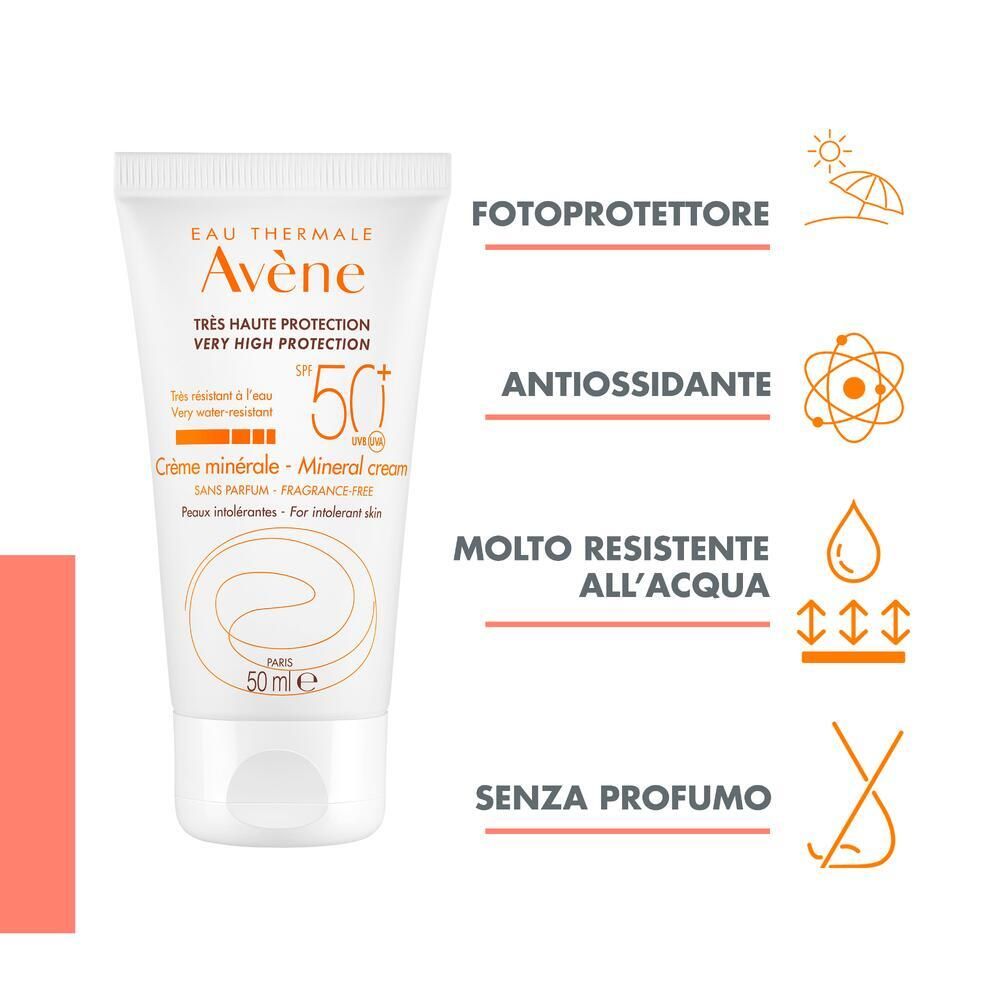 Tubo crema solare con testo e icone. SPF 50+. Resistente all'acqua, antiossidante, senza profumo.
